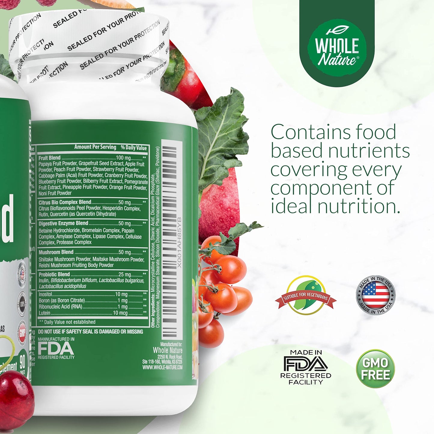 Whole Nature Whole Food Multivitamin for Men and Women Complete Daily Superfood Vitamins Plus Minerals Digestive Enzymes Probiotics and Omegas Plant Based Multi Vitamin Non-GMO 90 Capsules