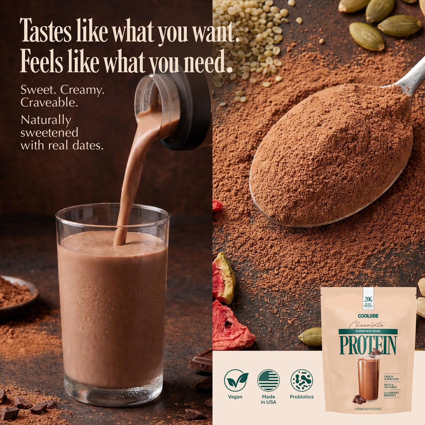 Coolside Clean Plant-Based Protein Powder with Probiotics, Chocolate, 30 Servings