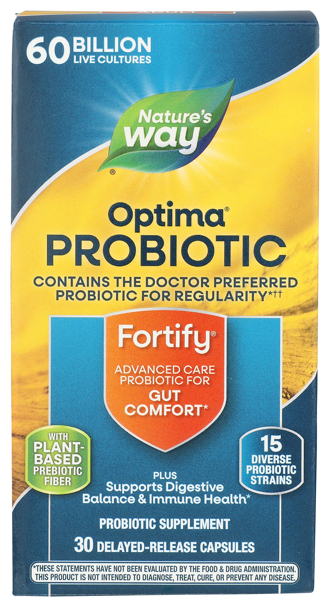 Nature's Way Fortify Optima Daily Probiotic Capsules, 60 Billion CFU, 15 Strains, Prebiotic, 30 Count
