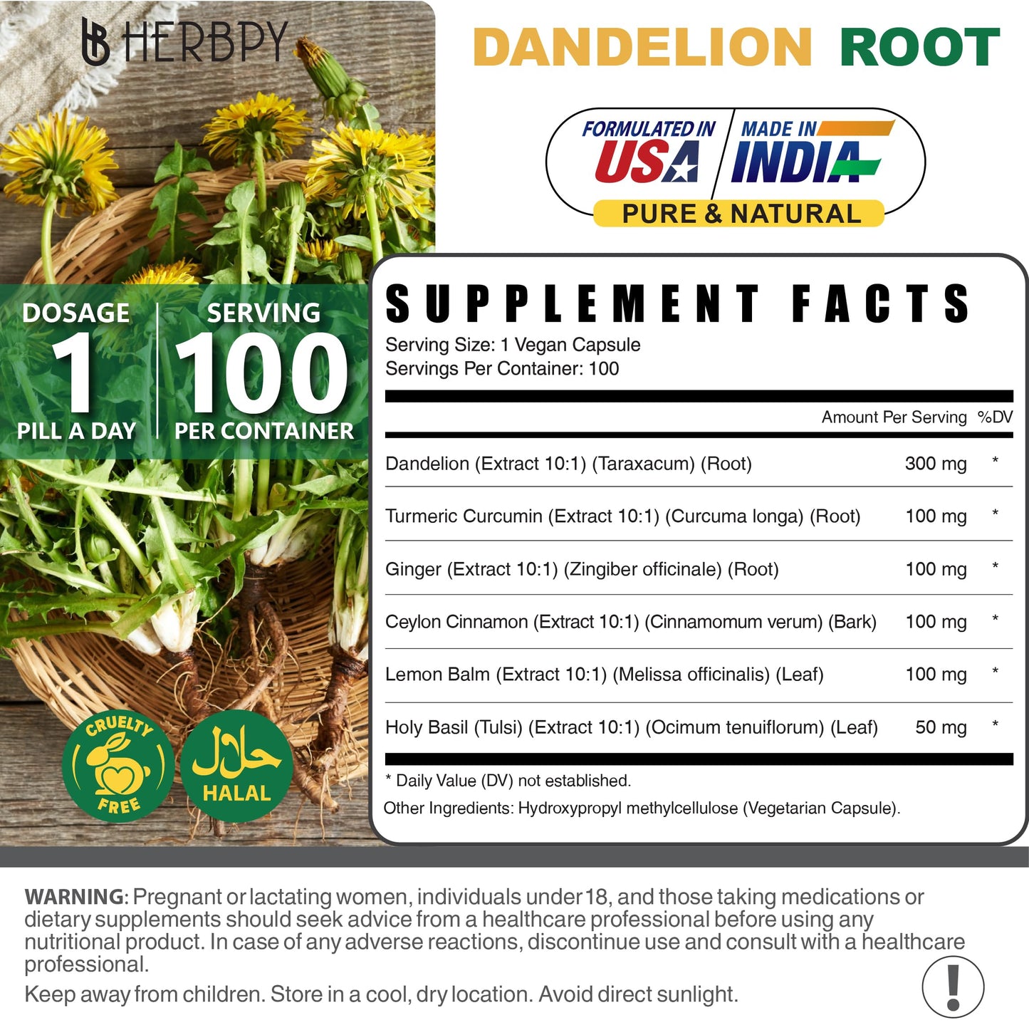 Herbpy Dandelion Root Supplement Capsules 100 Count