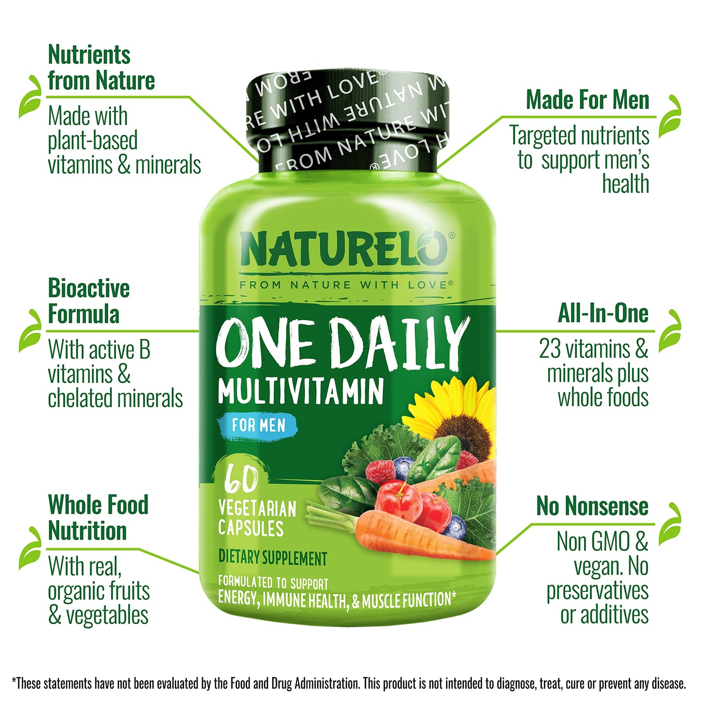 NATURELO Men's Multivitamin One Daily Multivitamin for Men with Vitamins, Minerals & Organic Whole Foods, Boost Energy & Health, Non-GMO, 60 Vegetarian Capsules
