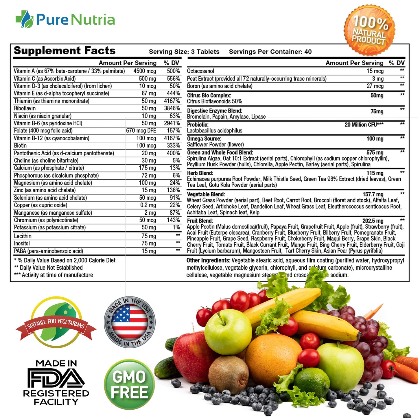 PureNutria Whole Food Multivitamin and Minerals with Probiotic Enzymes 120 Caplets