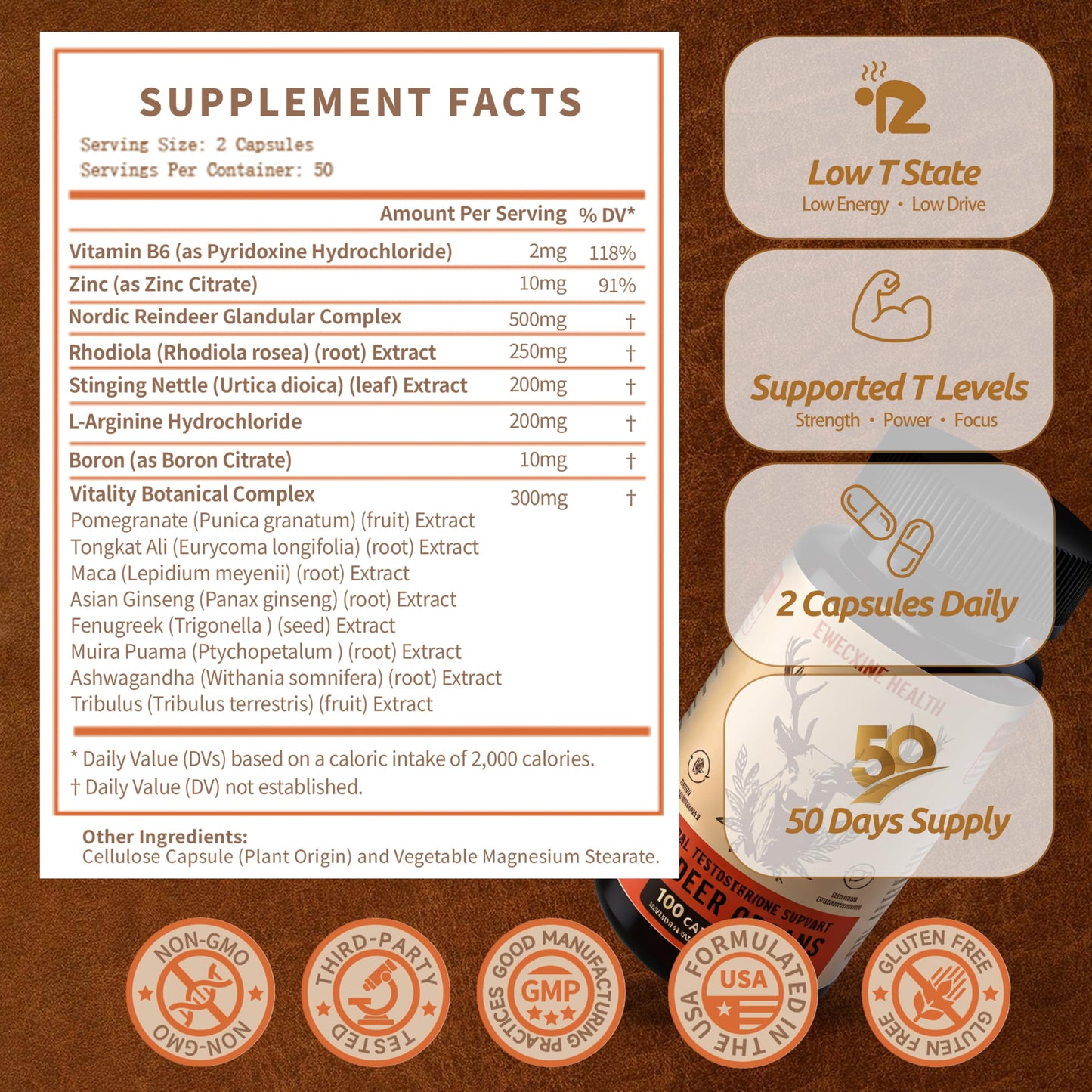 Ewecxine Reindeer Organ Supplement for Men Capsules, 100 Count
