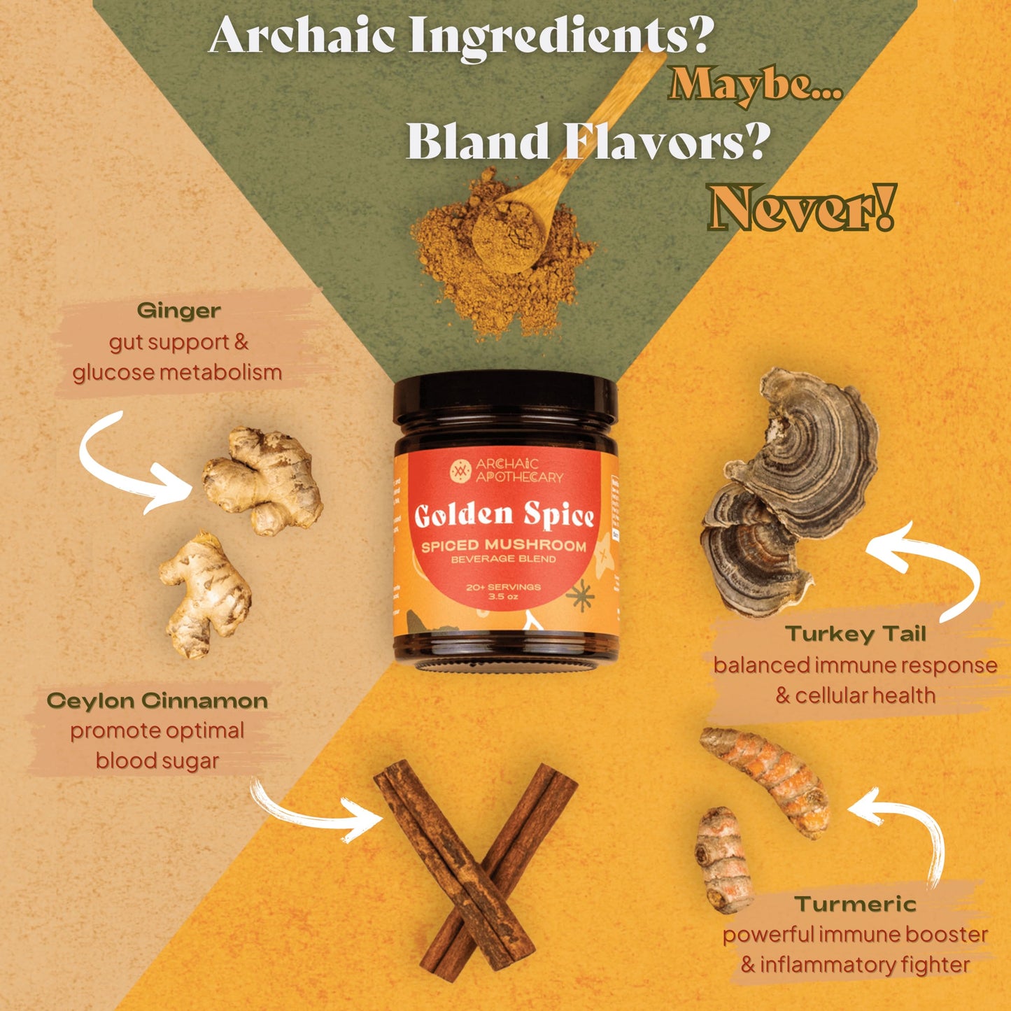 Archaic Apothecary Golden Spice Golden Milk with Mushrooms Turmeric Latte Spice Blend Turkey Tail & Ashwagandha Rooibos Matcha Powder 3.5