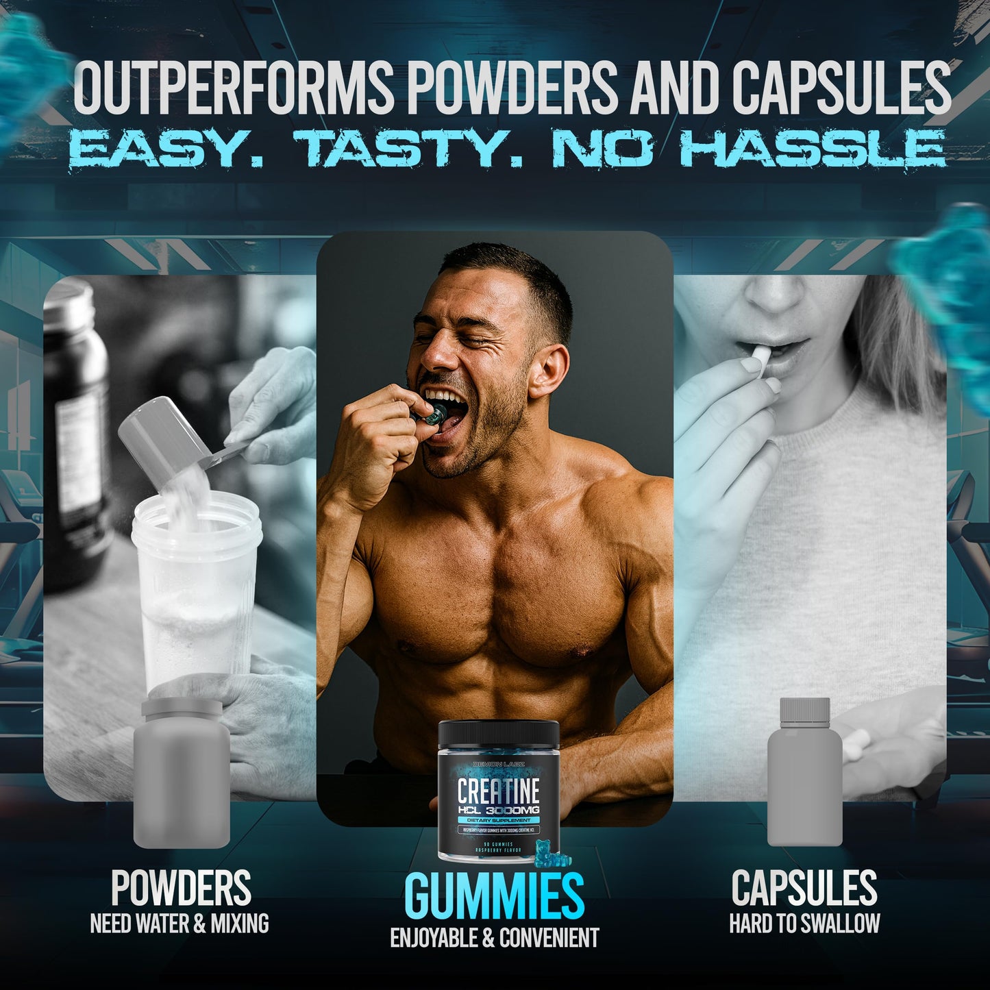 Demon Labz Creatine HCl 3000mg Per Serving Raspberry Flavor Gummies, 90 Count