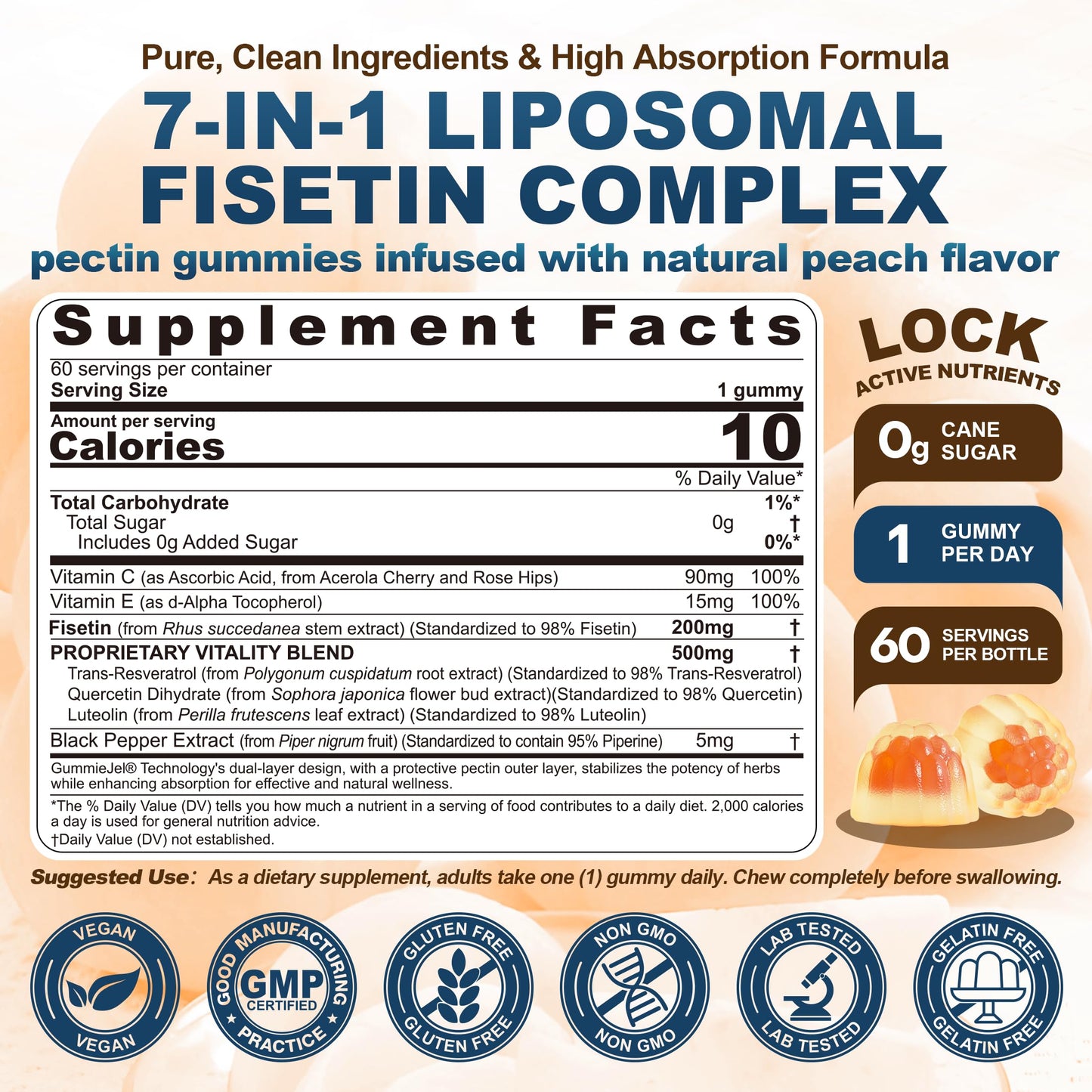 Nextdia Liposomal Fisetin 200mg & Resveratrol Complex 500mg Gummies, 60 Count