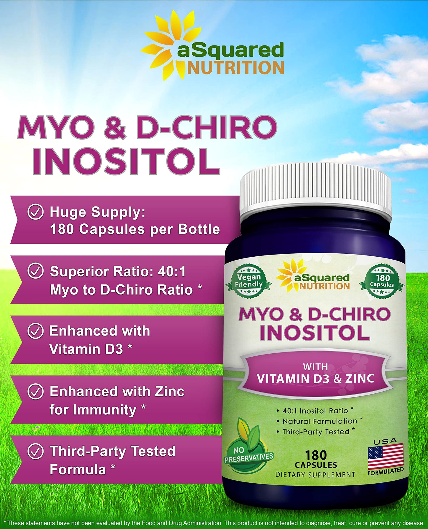 aSquared Nutrition Myo-Inositol & D-Chiro Inositol Supplement - 180 Capsules