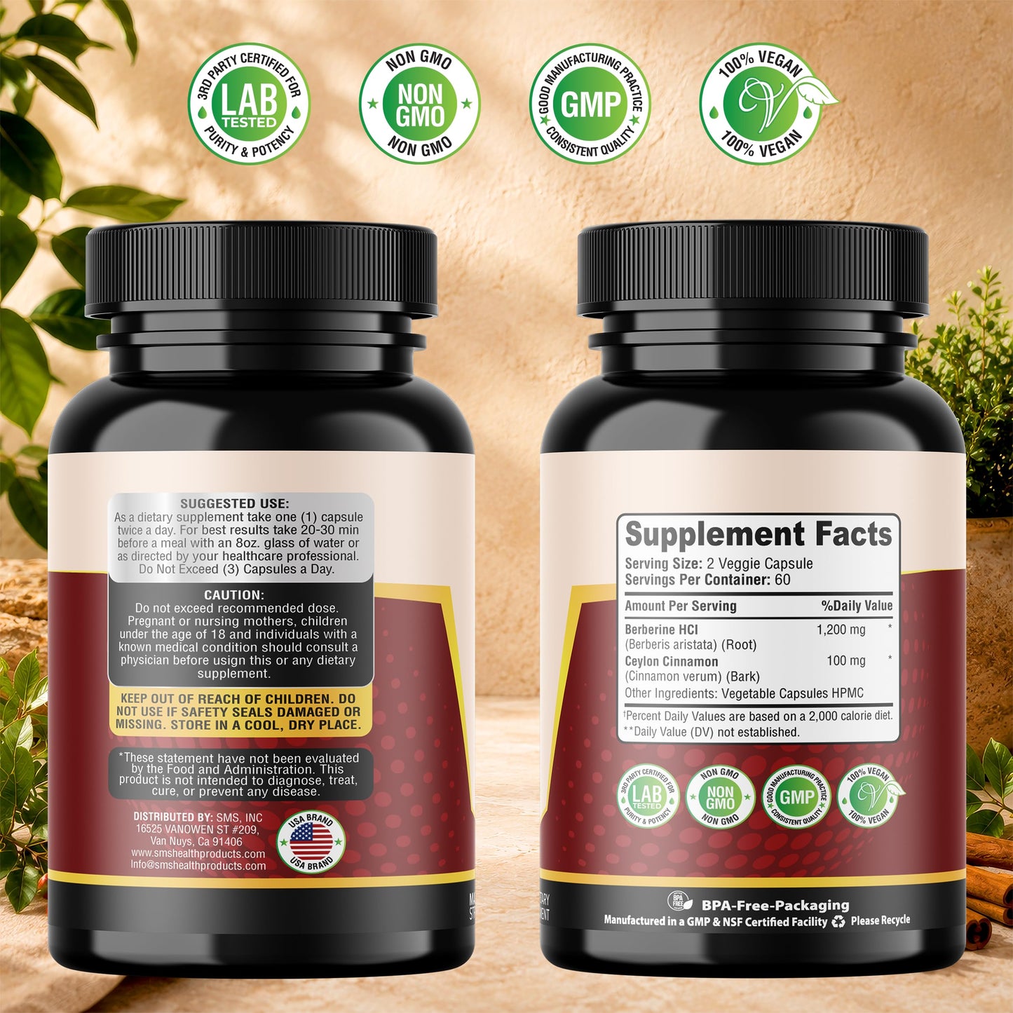 SMSHEALTHPRODUCTS.com Berberine HCL 1200mg True Ceylon Cinnamon Capsules, 120 Count