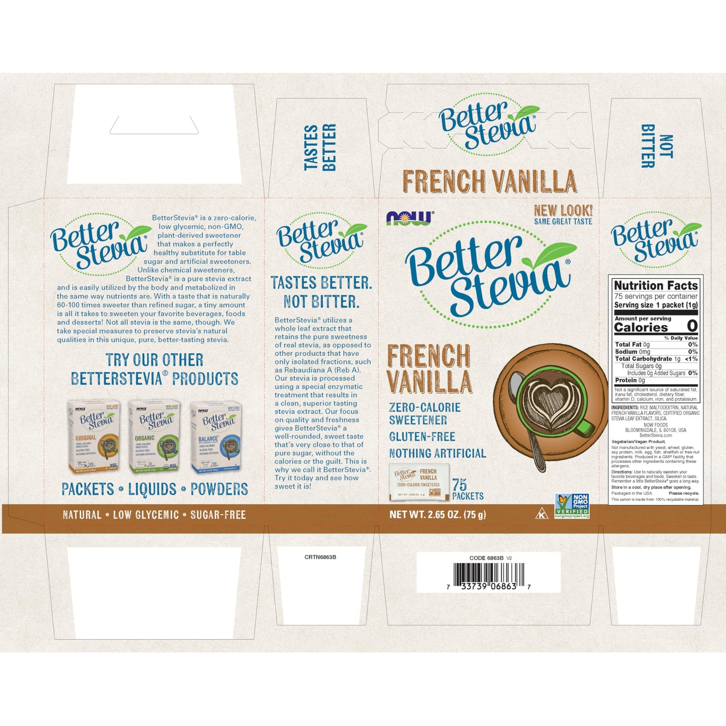NOW Foods BetterStevia French Vanilla Granulated Packets Zero-Calorie Sweetener Powder, 75 Count