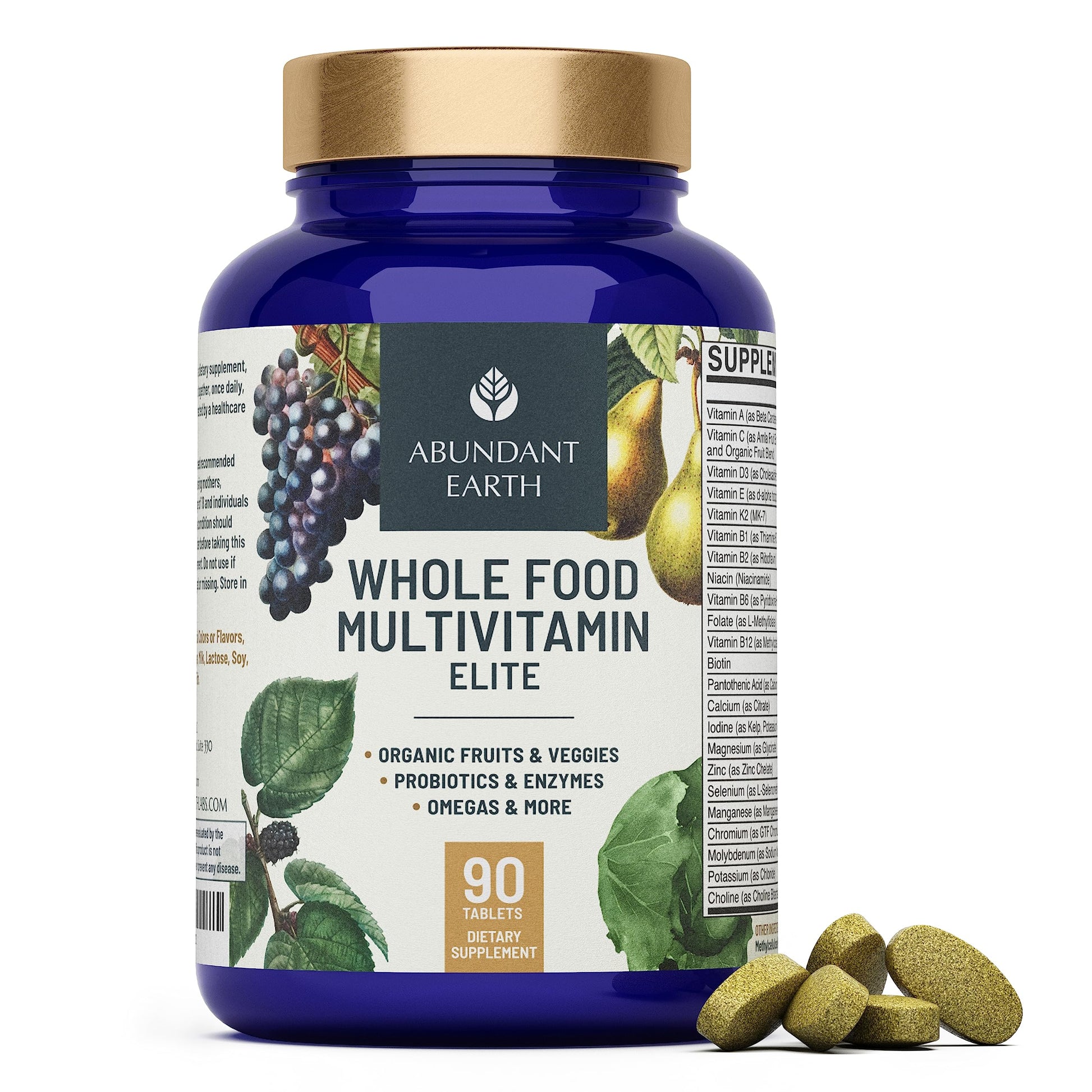 Abundant Earth Whole Food Multivitamin for Women and Men, Daily Multivitamins with B Complex, Probiotic, Enzymes & Omegas, 180 Tablets