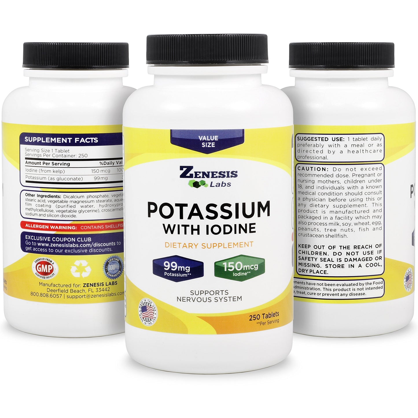 Zenesis Labs Potassium Gluconate 99mg + 150mcg Iodine from Kelp Tablets, 250 Count