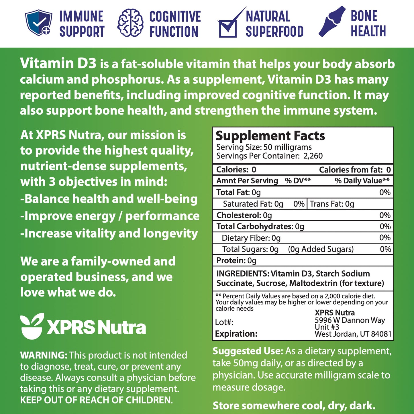XPRS Nutra Vitamin D3 Powder (Cholecalciferol), 4 Ounce