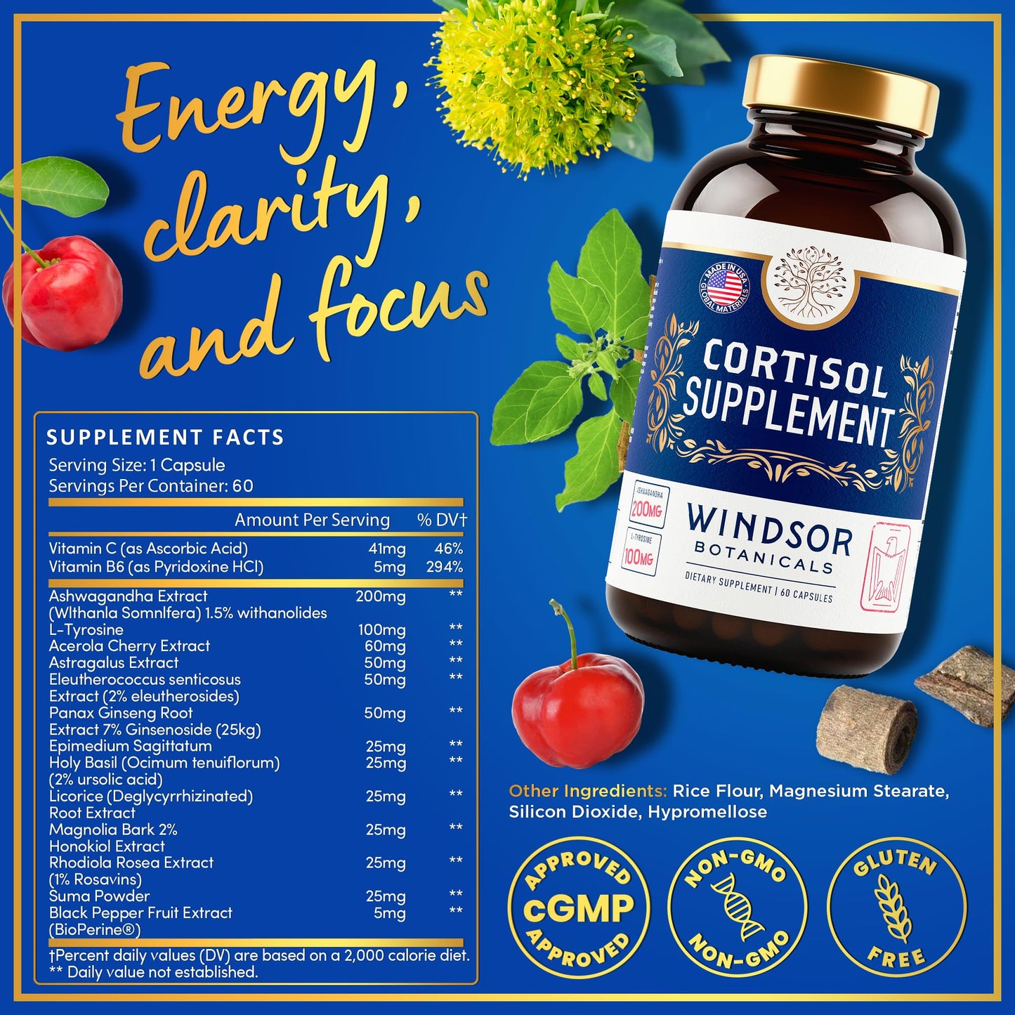Windsor Botanicals 15-IN-1 Cortisol Supplements Capsules, 60 Count