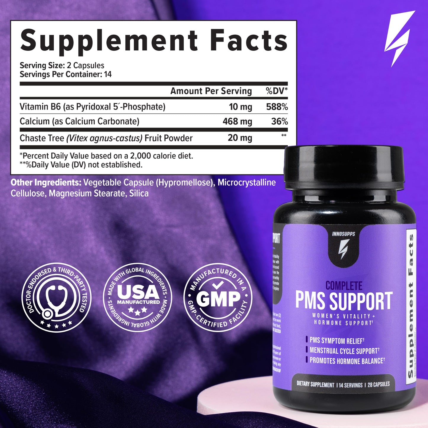 InnoSupps Inno Complete PMS Support - PMS Support Supplement for Women with Chasteberry, Vitamin B6, & Calcium for Women for Period Relief, Cramp Relief, Mood and Cycle Balance, 28 Capsules