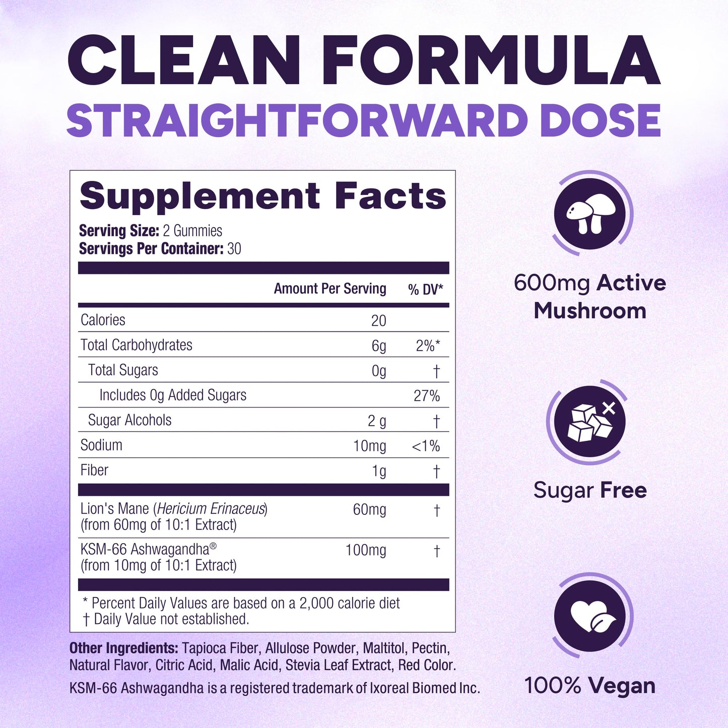 Purify Life Lions Mane Supplement Gummies with KSM-66 Ashwagandha for Focus Support, 60 Gummies
