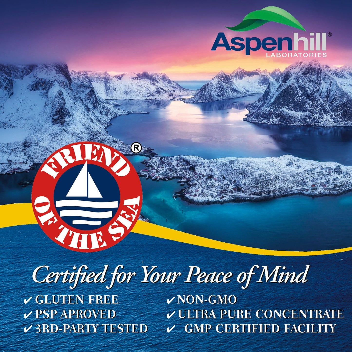 Aspenhill Laboratories Triple Strength Wild Caught Antarctic Fish Oil Omega-3 with Organic Flax Seed Omega Ultra Blend DPA-EPA-DHA-GLA-ALA Softgels 60 Count