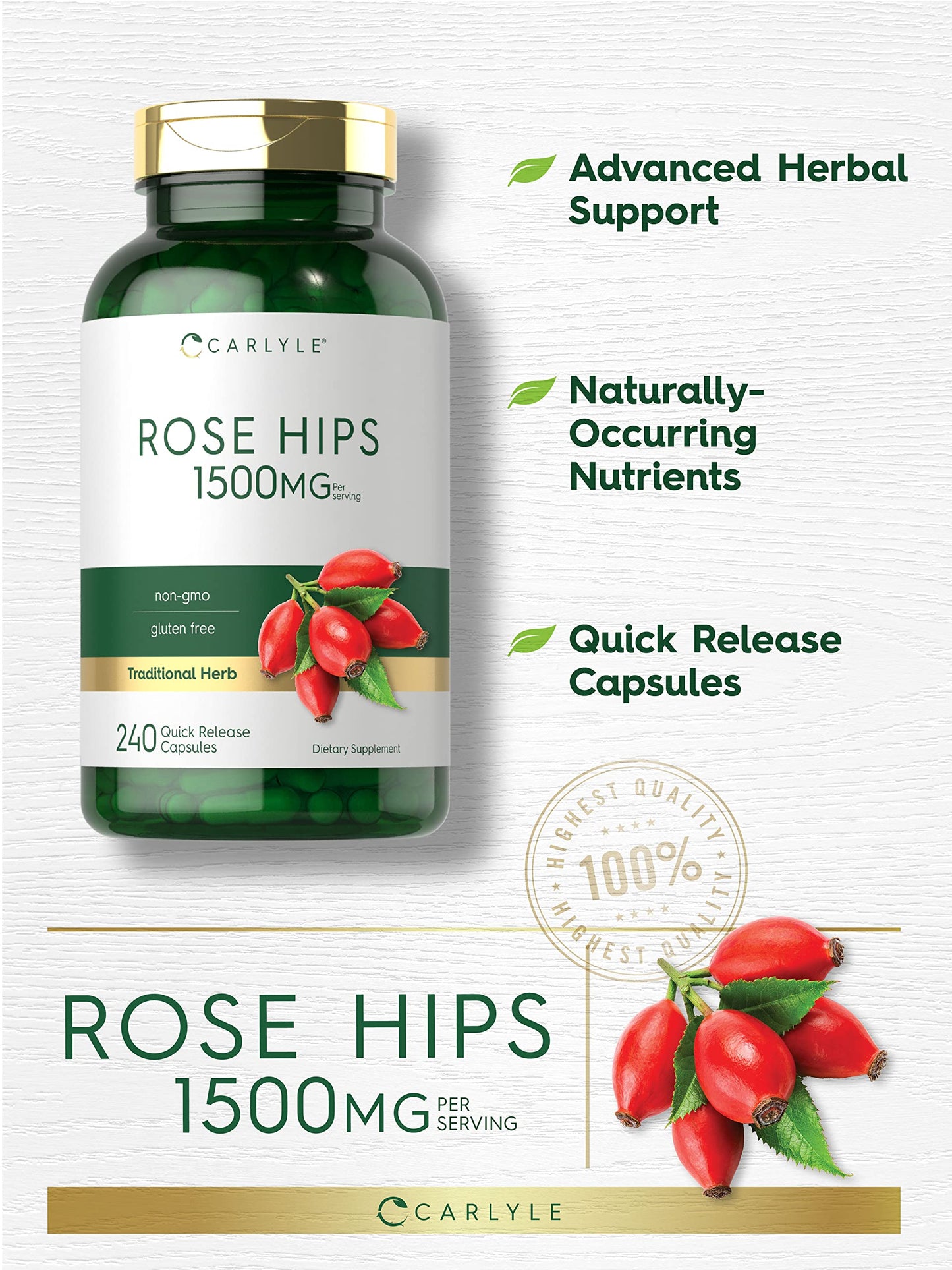 Carlyle Rose Hips 1500mg Quick Release Capsules, 240 Count