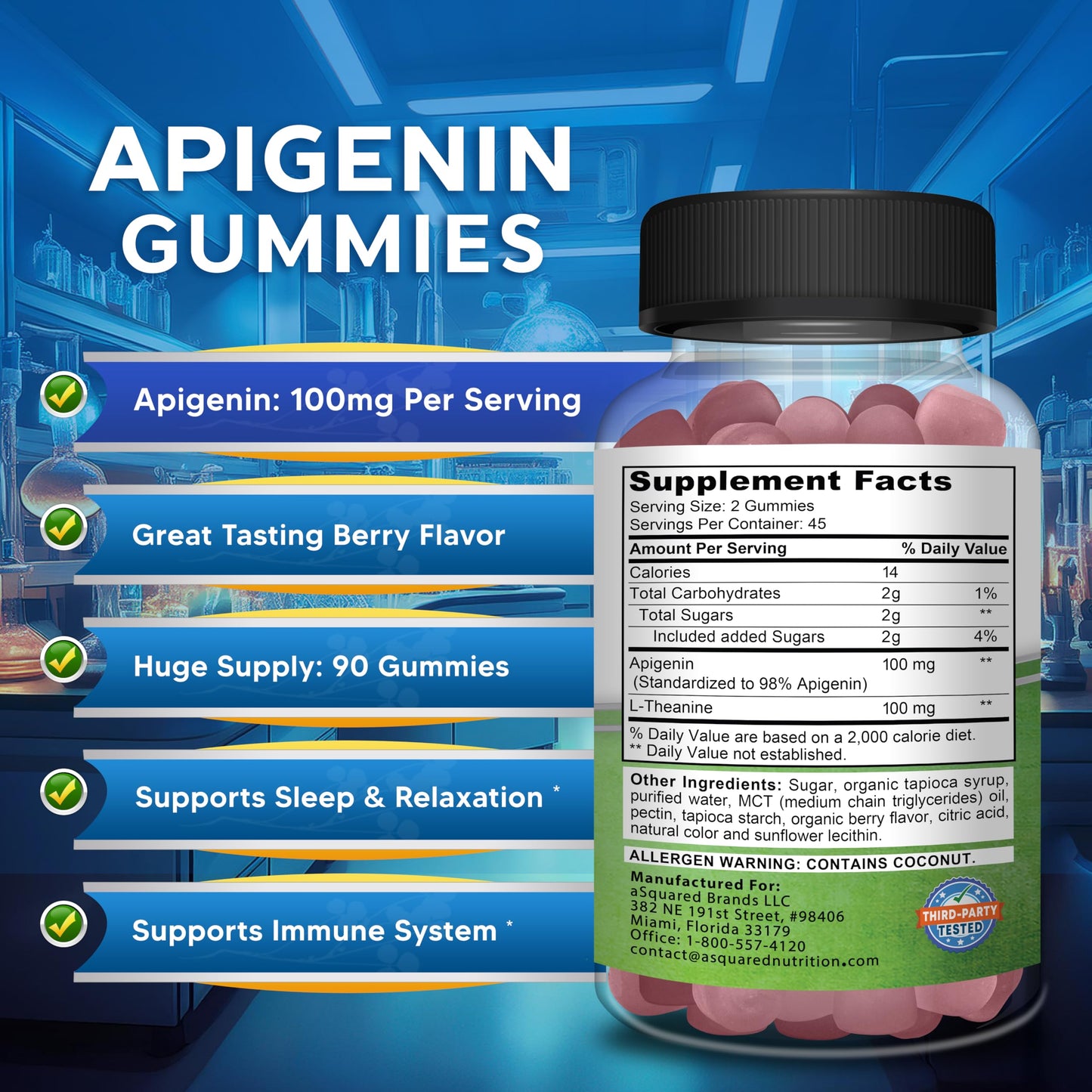 aSquared Nutrition Apigenin 100mg with L-Theanine 100mg Gummies, 90 Count