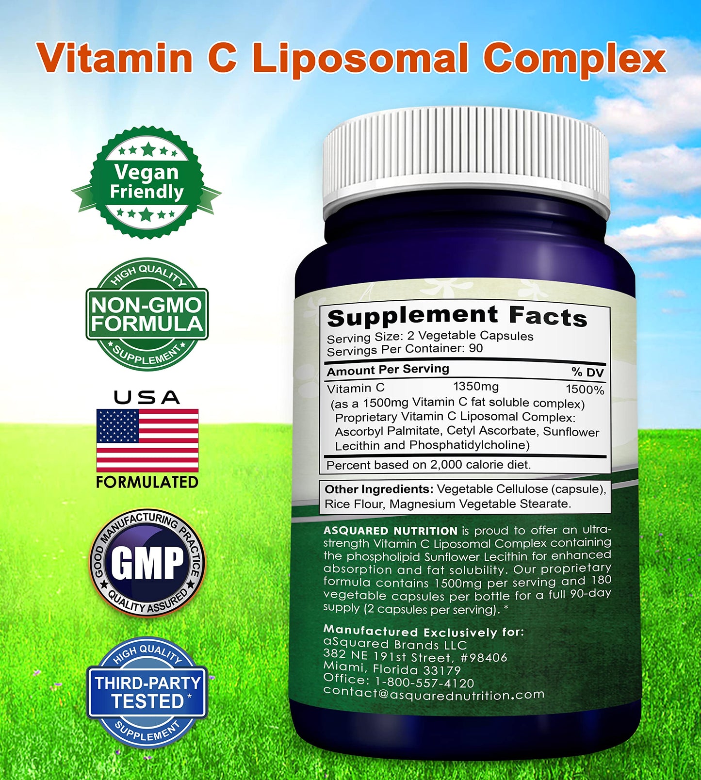 aSquared Nutrition Vitamin C Liposomal Complex 1500mg Capsules 180 Count