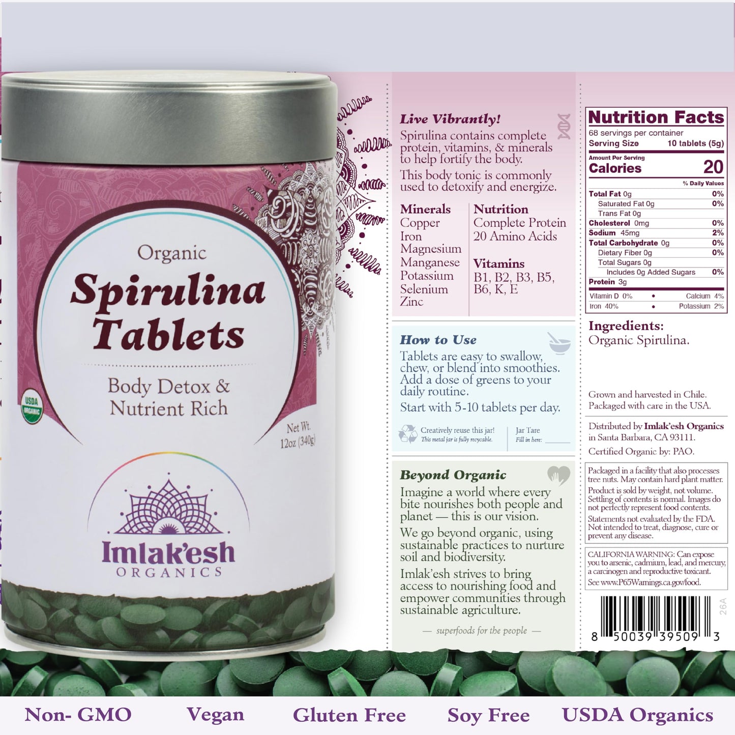 Imlak'esh Organics Spirulina Tablets, 12 Tablets