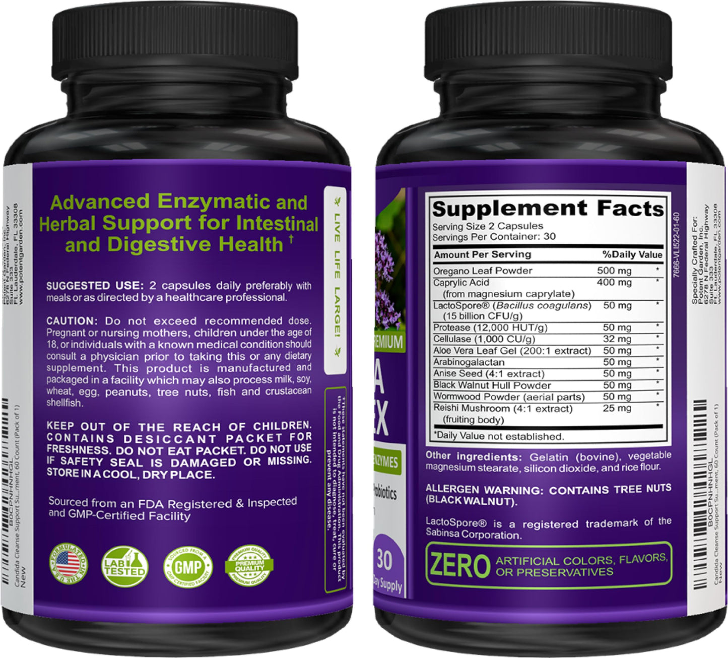 Potent Garden Candida Complex - Oregano and Caprylic Acid Blend, Gut Flora Balance Complex, Intestinal Health & Immune Support with Herbs & Probiotics, Gut Health Supplements for Women & Men, 60 Capsules