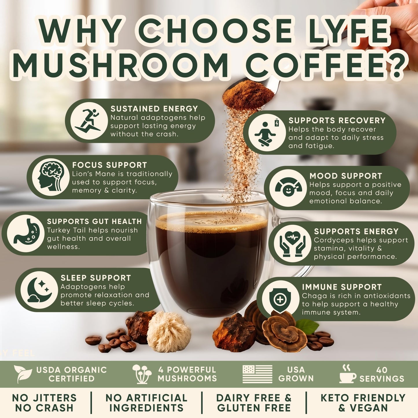 LYFE Organic Instant Mushroom Coffee Powder 8.47 Ounce
