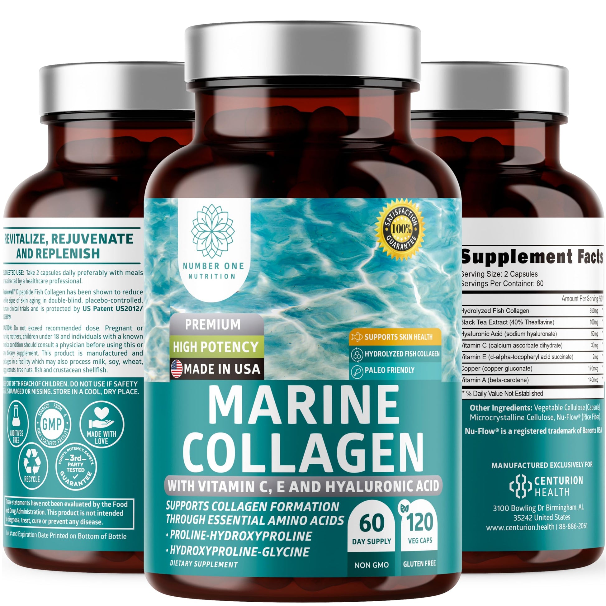 Number One Nutrition Hydrolyzed Marine Collagen with Hyaluronic Acid, Vitamin C, Theaflavin and Copper 120 Capsules