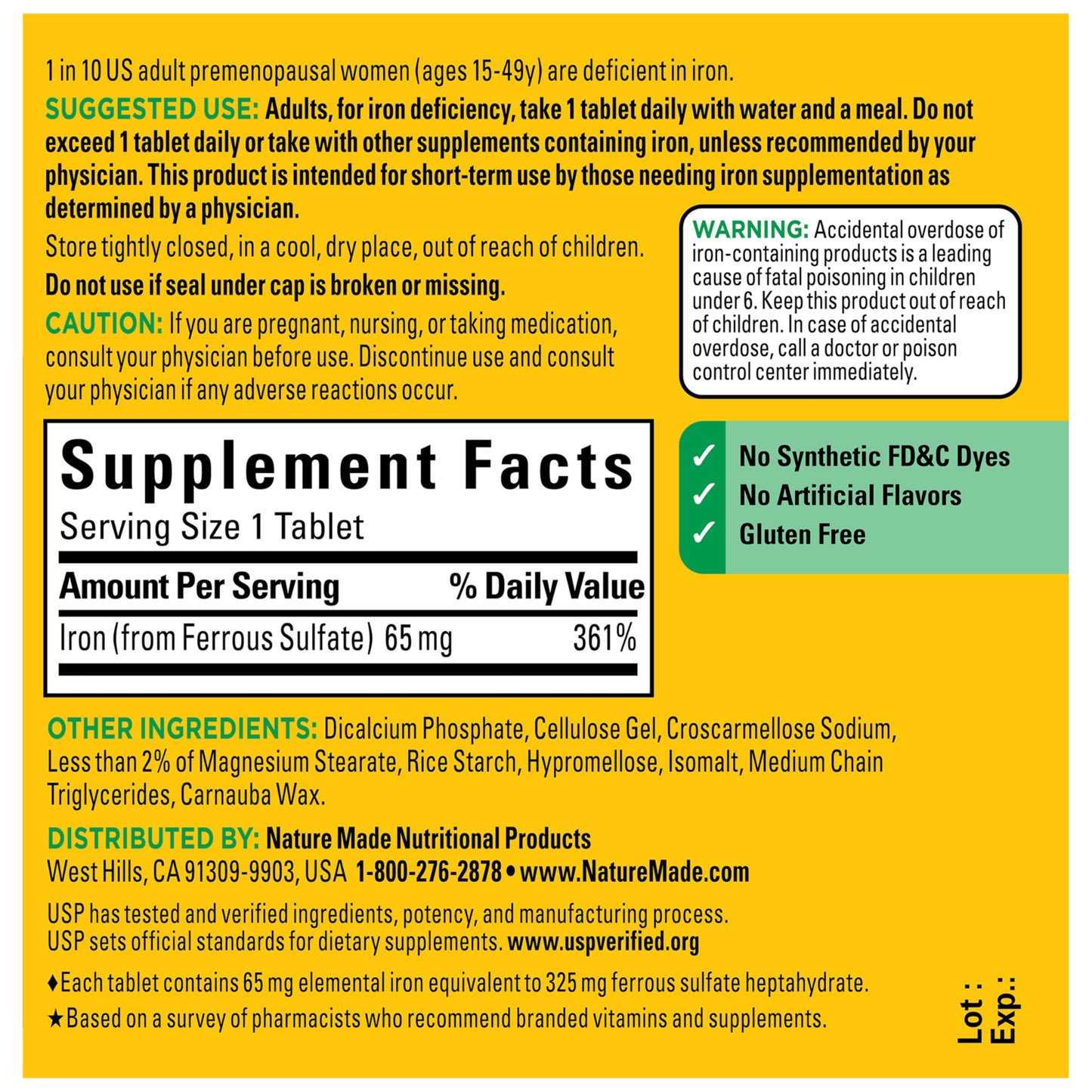 Nature Made Iron 65 mg (325 mg Ferrous Sulfate) Tablets, 180 Tablets