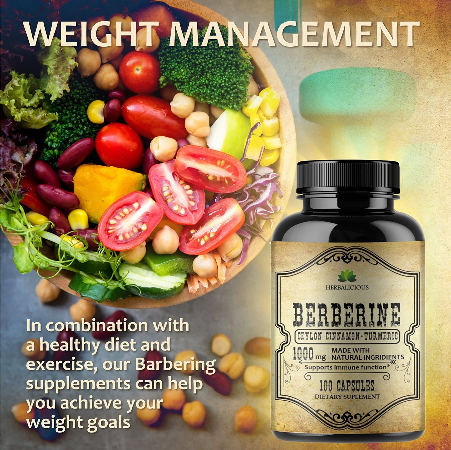 HERBALICIOUS Berberine Capsules with Ceylon Cinnamon & Turmeric, Non-GMO, 500 mg per Capsule, HCL Dietary Supplement for Men and Women, 100 Capsules