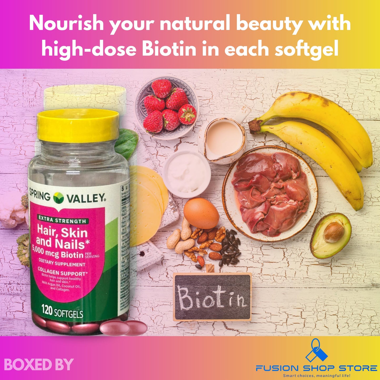 Fusion Shop Store Biotin Softgel Extra Strength 5000mcg, 120 Softgels