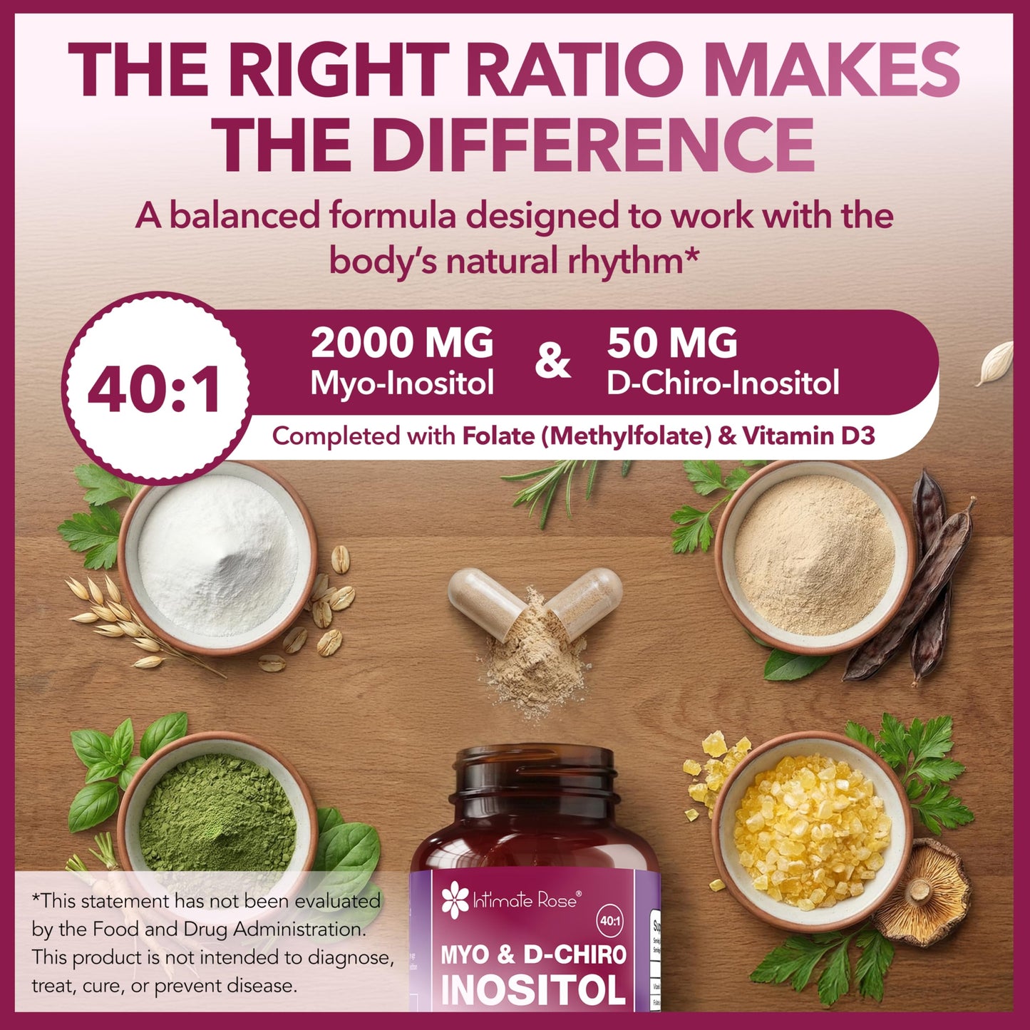 Intimate Rose Myo-Inositol & D-Chiro Inositol for Hormone Balance 40:1 Ratio Capsules, 120 Count