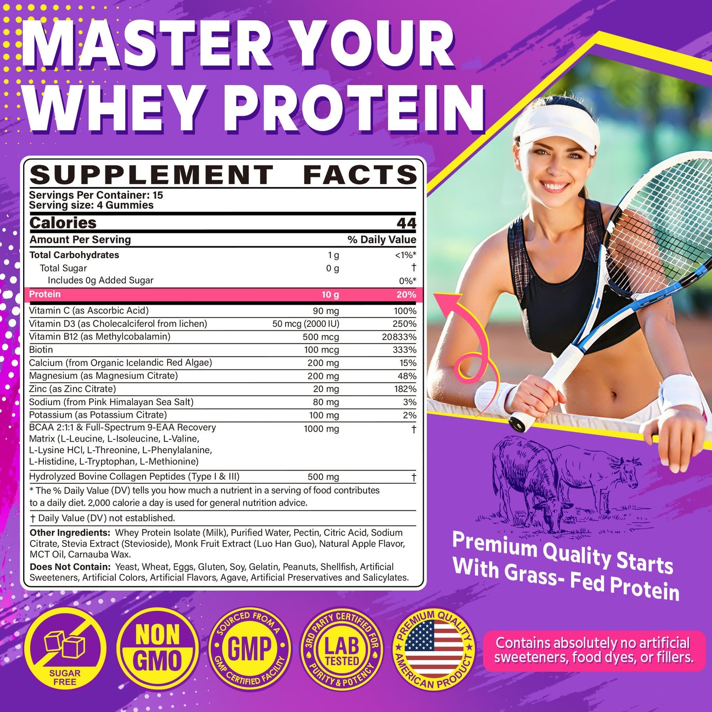 NEVISS Whey Protein Gummies 10g Grass-Fed + Collagen Peptides BCAA EAA GLP-1, 0.5 Ounce Pack of 2