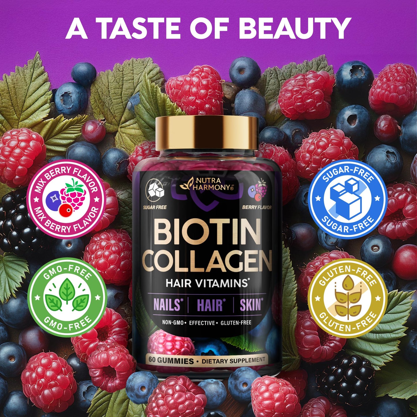 NUTRAHARMONY Biotin Gummies with Collagen for Hair, Skin & Nails - 10000mcg Biotin, Sugar-Free, Mixed Berry, 120 Gummies