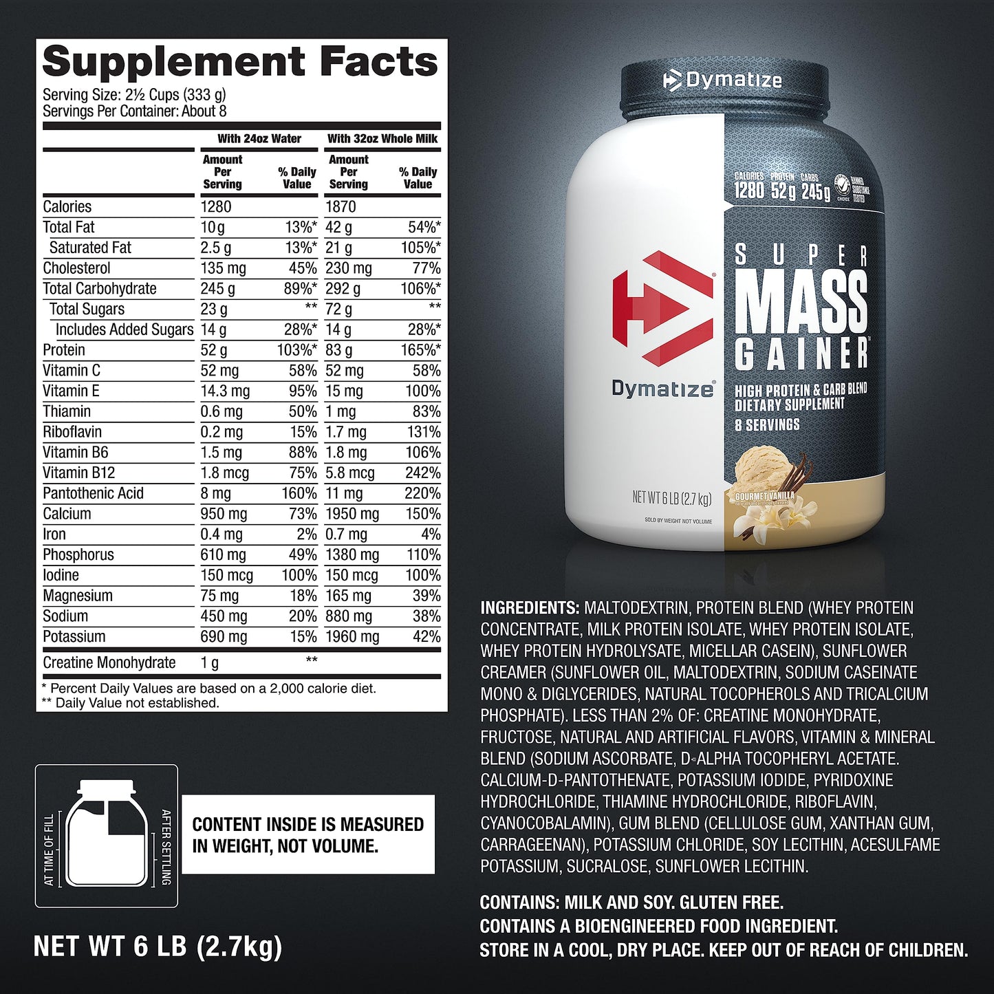 Dymatize Super Mass Gainer Protein Powder, Gourmet Vanilla, 6 lb, 96 Servings