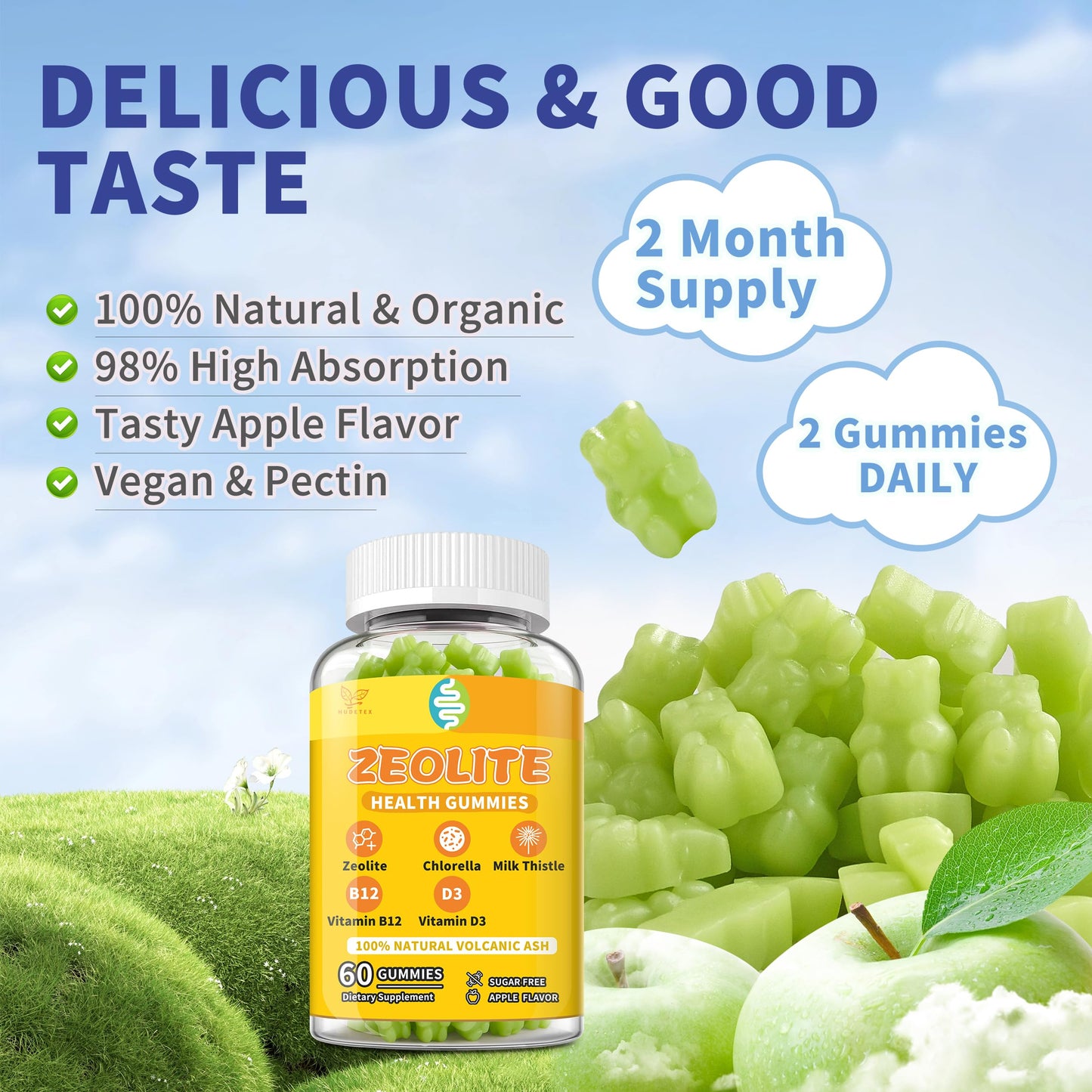 Hudetex Zeolite Gummies for Adults, Pure Zeolite Clinoptilolite, 60 Count