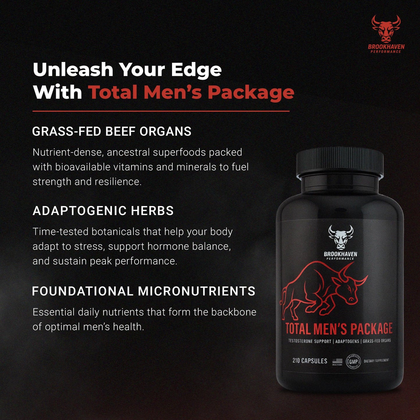 Brookhaven Farms Total Men's Package Testosterone Booster with Tongkat Ali, Ashwagandha & Grass-Fed Beef Organs, Natural Hormone & Muscle Support, 210 Capsules