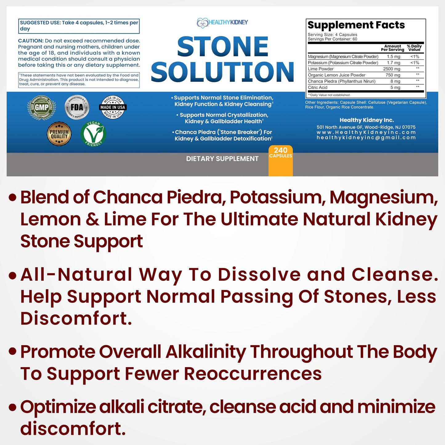 Kidney Restore Stone Solution Capsules and Sodium Bicarbonate 650mg Capsules Delayed Release, 60 Servings and 120 Pills