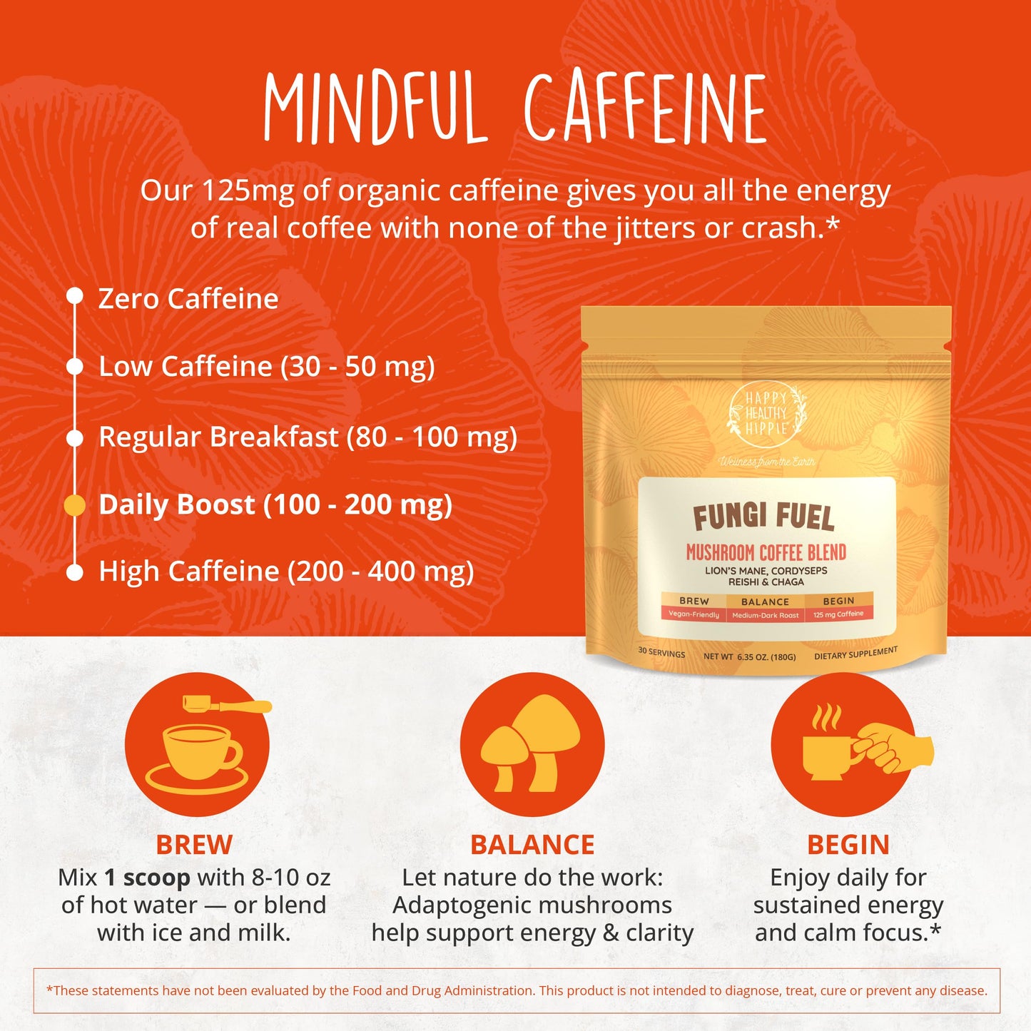Happy Healthy Hippie Nootropic Mushroom Coffee Instant with 8 Mushrooms + Nootropic Adaptogen Stack Powder, 6 oz