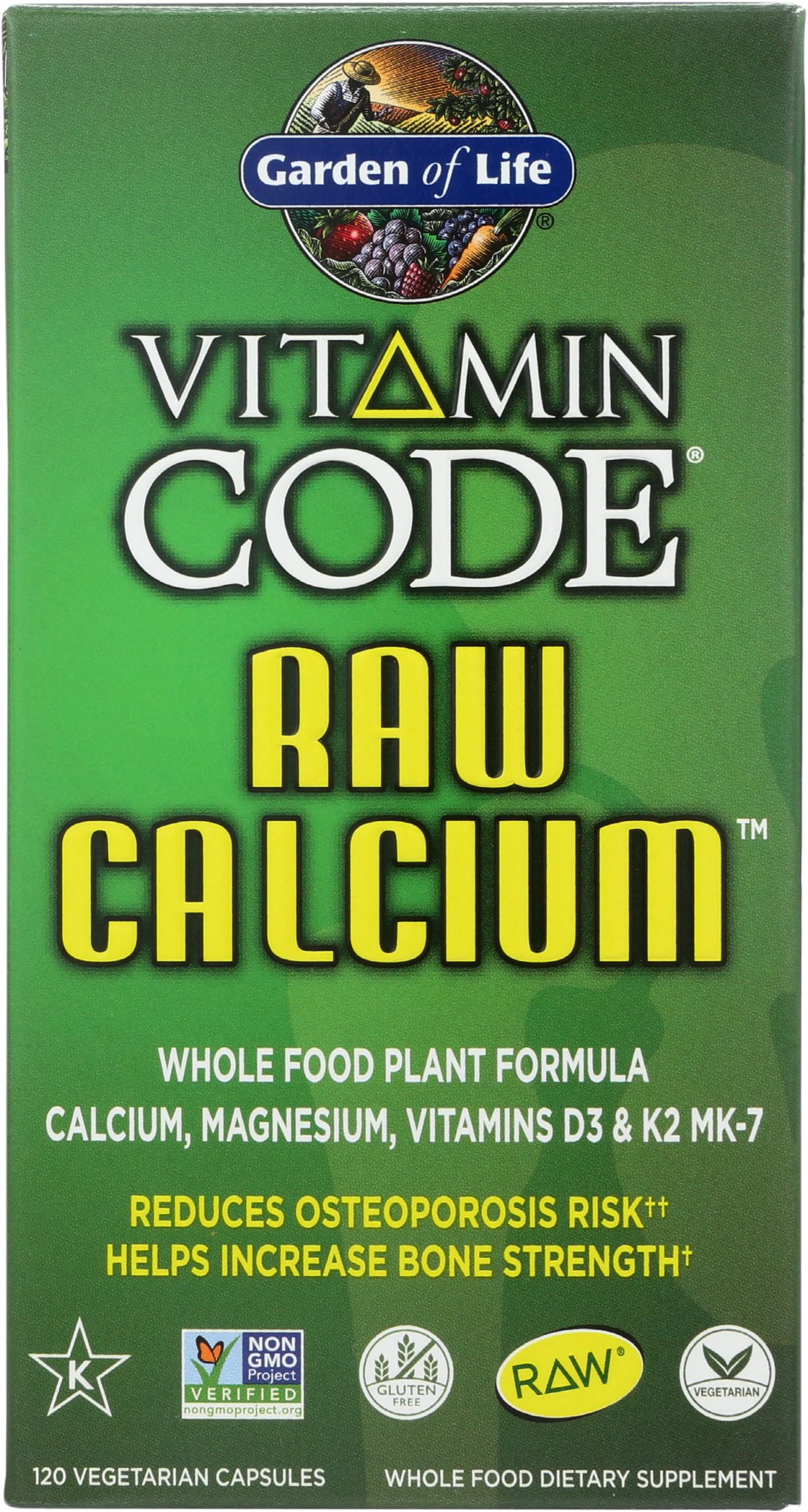 Garden of Life Raw Calcium Supplement for Women and Men - Vitamin Code Made from Whole Foods with Magnesium, K2, Vitamin D3 and Vitamin C plus Probiotics for Digestion, Capsule, 120 Count
