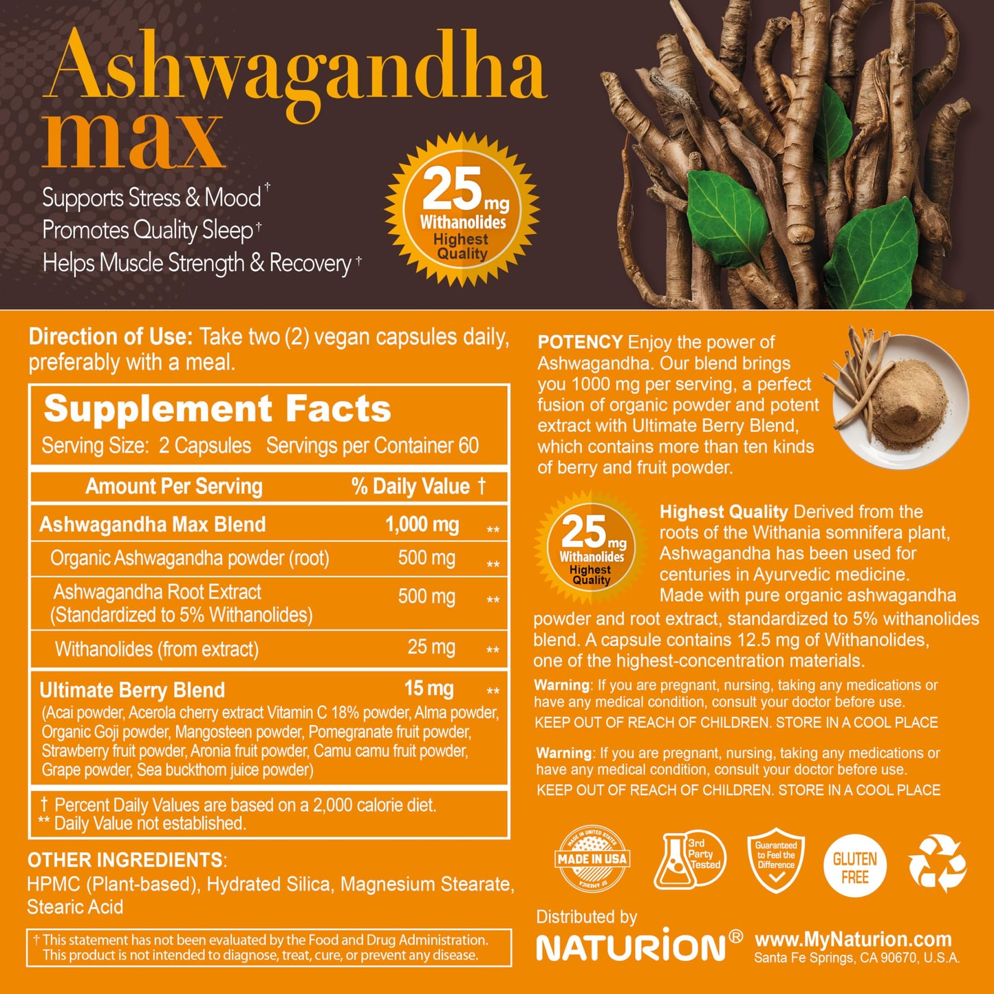 NATURION Ashwagandha Max Organic Ashwagandha Powder & Root Extract with Ultimate Berry Blend Capsules 120