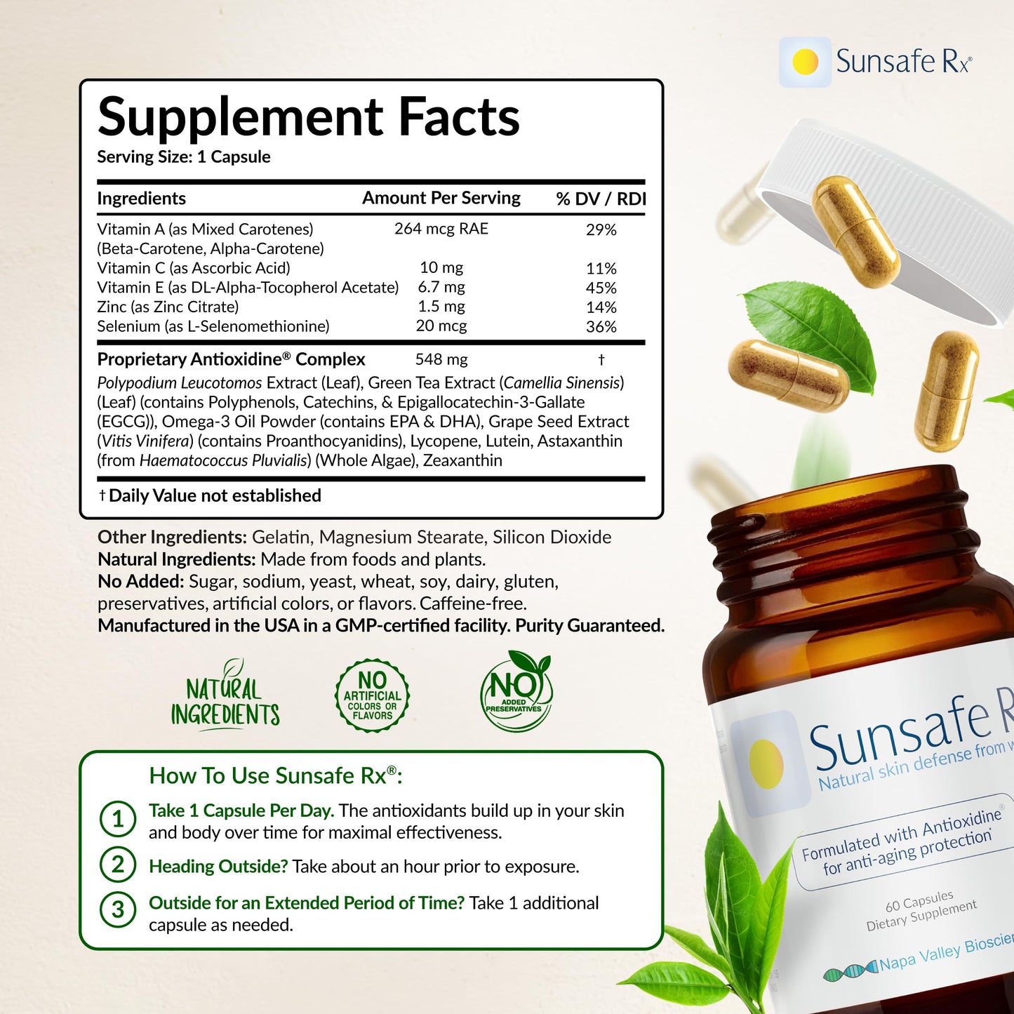 Sunsafe Rx Anti Aging Supplement: Natural Skin Protection Pills with Antioxidants for a Youthful Appearance & Eye Health + Vitamins, Minerals, & 250mg Polypodium Leucotomos, 30 Capsules