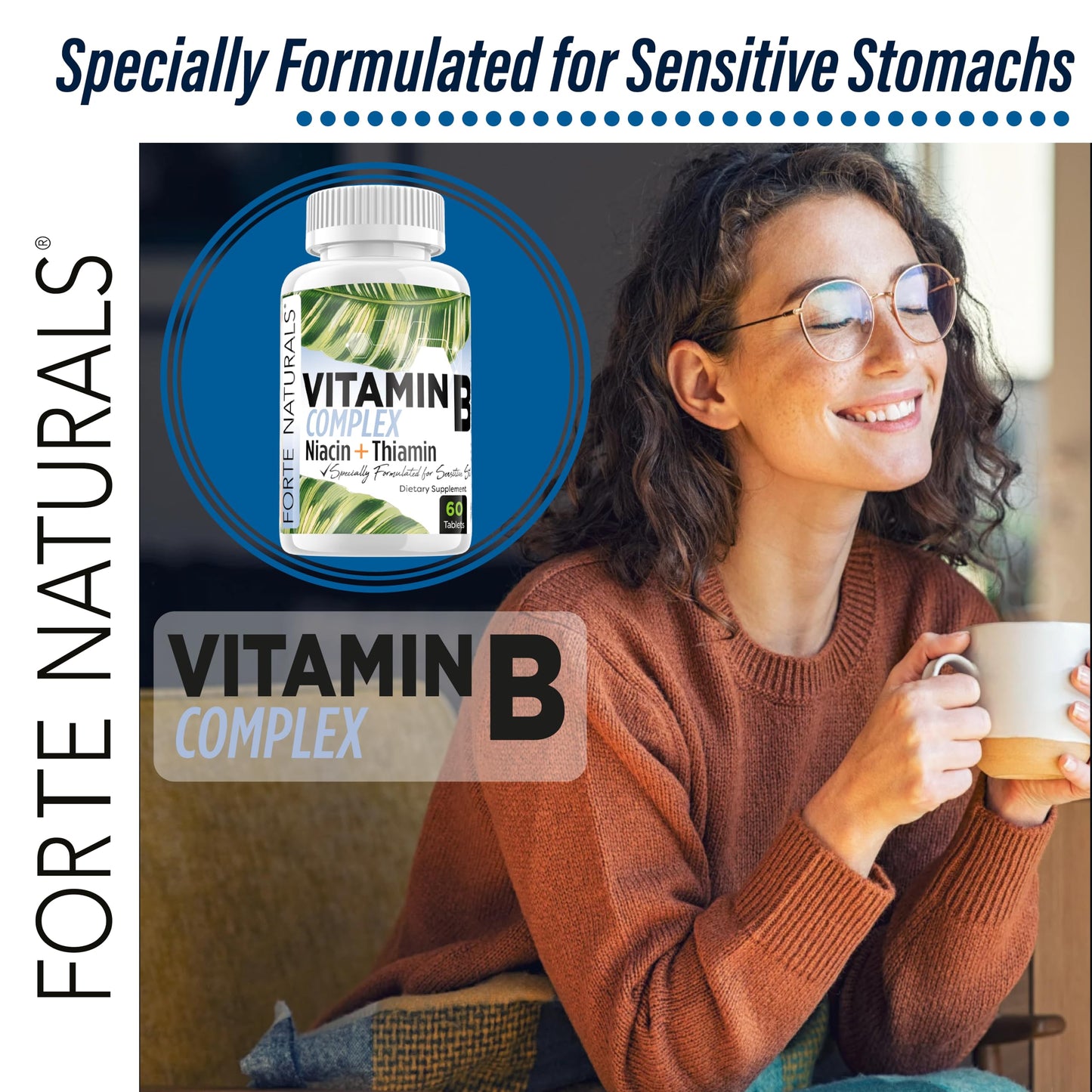 FORTE NATURALS Biotin Vitamin B Complex with B12, Energy & Mood Support, Folic Acid, Prenatal & Postnatal, Tablets, 60 Count
