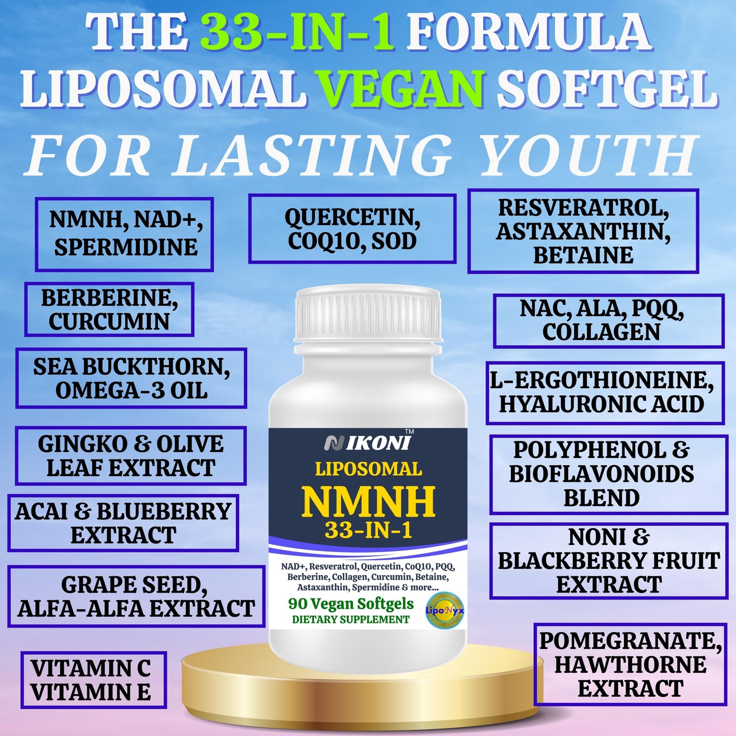 Nikoni Vegan Liposomal NMNH 33-in-1 Formula with 1000mg NMNH per serving, NAD+ Support – Promotes Cellular Energy, Immune Health & Healthy Aging, 90 Capsules
