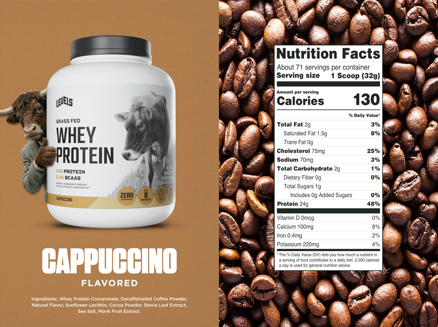 Levels Nutrition Grass Fed Whey Protein Powder Cappuccino, 80 Servings, 5 lb