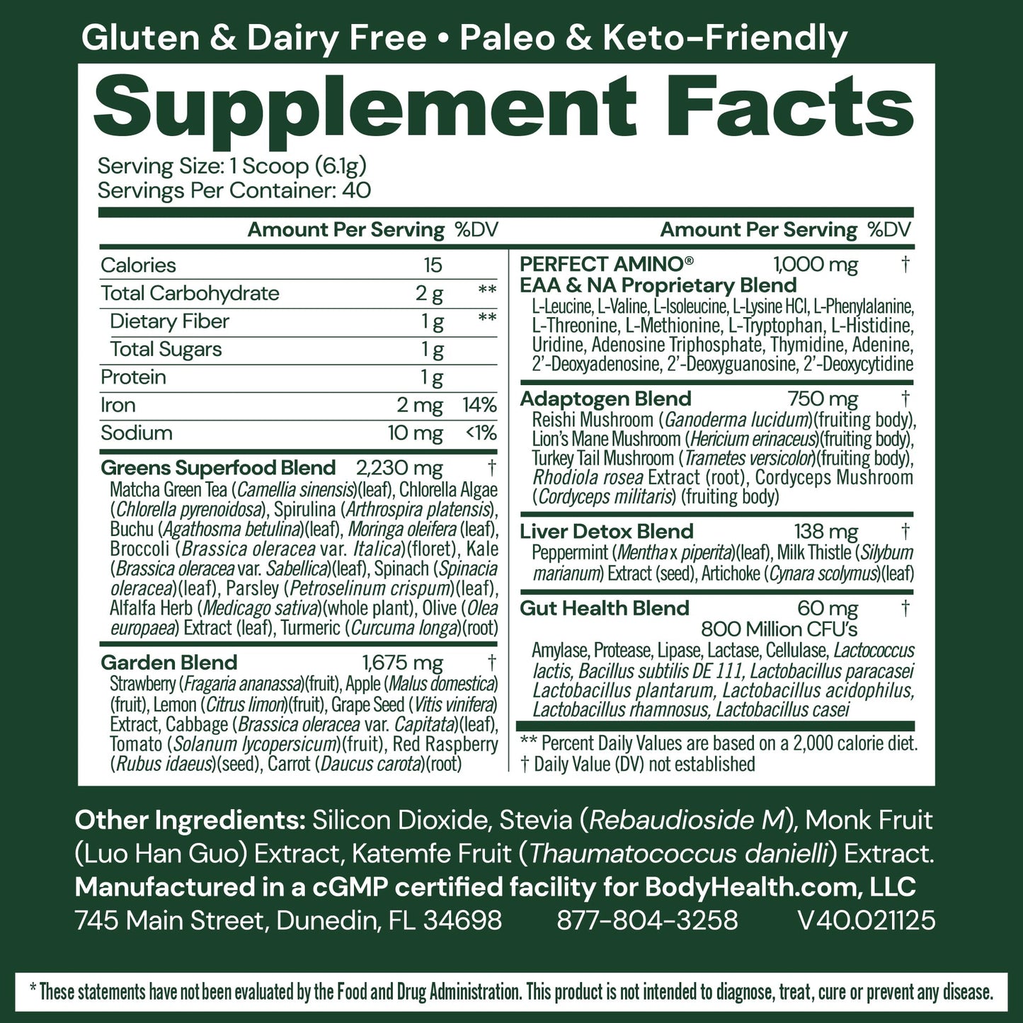 BodyHealth Greens Enhanced with PerfectAmino Daily Superfood Green Apple Smoothie Powder, 8.61 oz