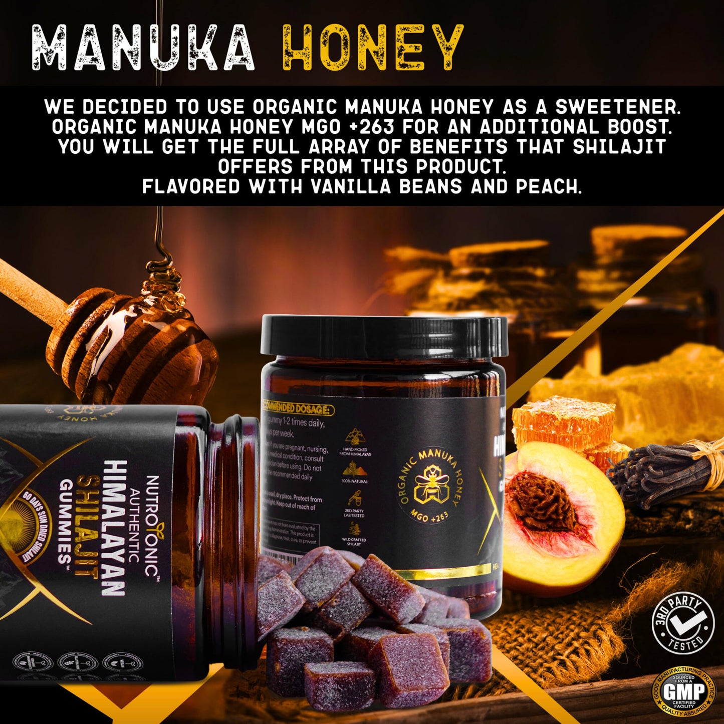 NutroTonic LLC Organic Himalayan Shilajit Gummies – Peach Vanilla Flavor – Shilajit for Men & Women – Wild Crafted Manuka Honey MGO +263 – Made in USA, 30 Gummies