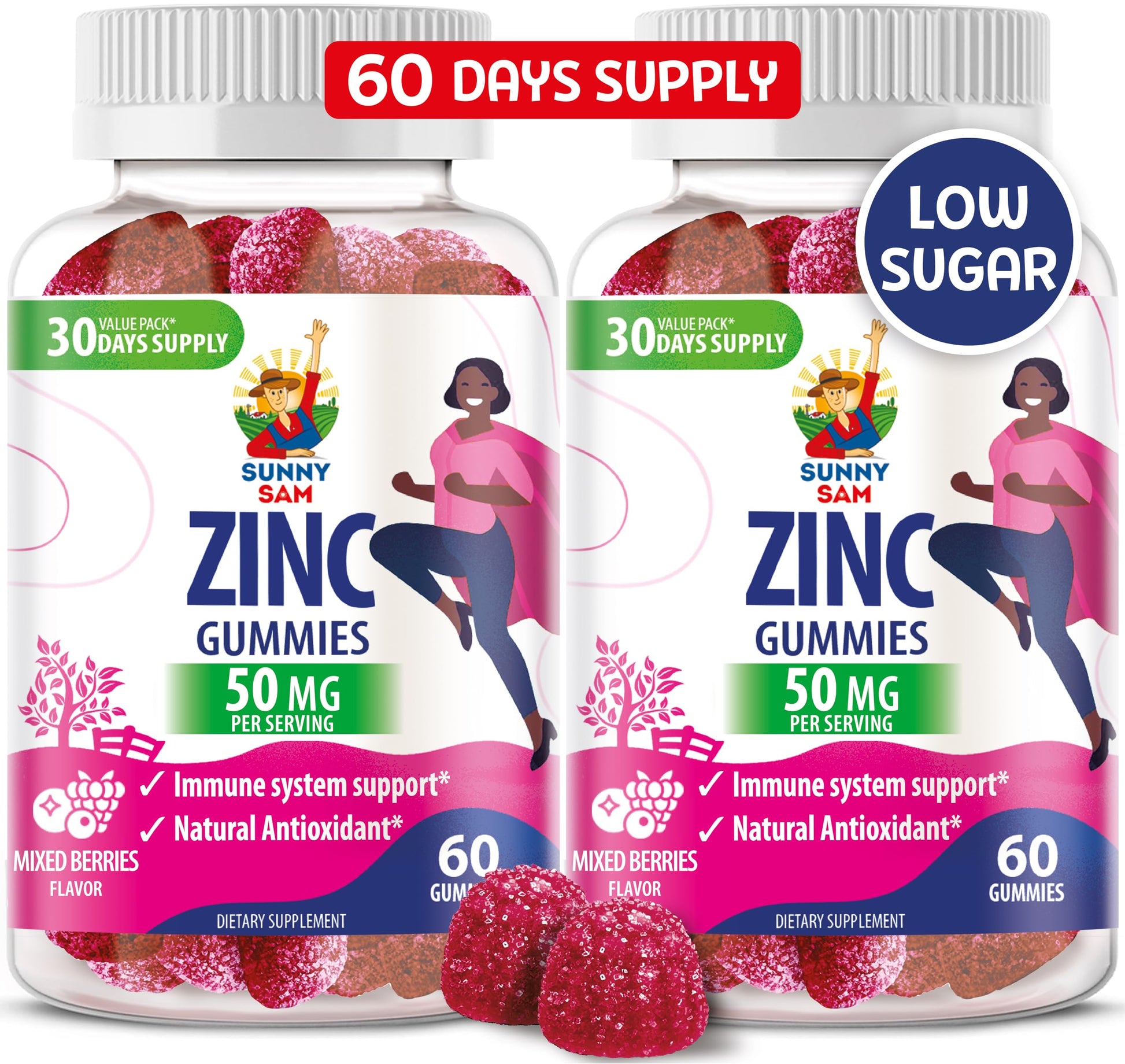 SUNNY SAM Zinc Gummies for Adults – Immune Support, Non-GMO, 120 Count