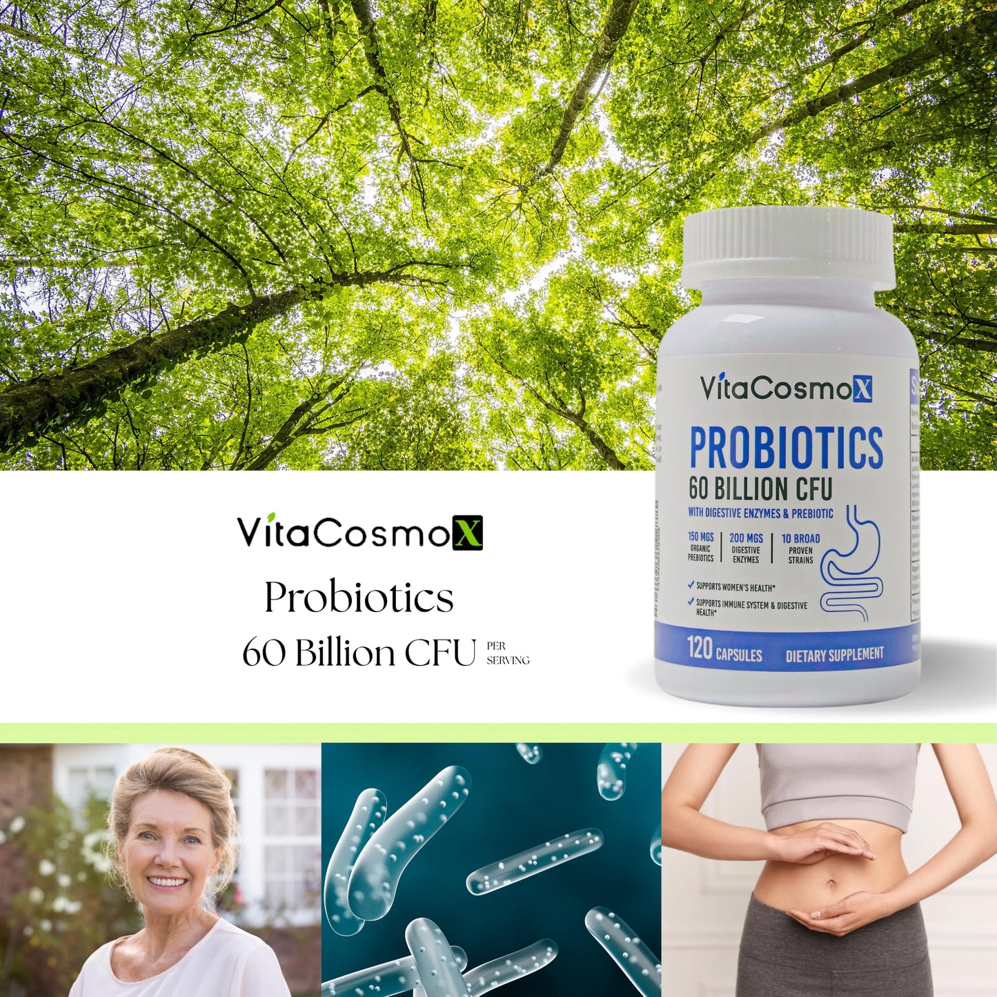 VitaCosmoX Probiotic 60 Billion CFU with Prebiotics and Enzymes, Capsule, 1 Count, 100% Vegetarian, Non-GMO & Gluten Free