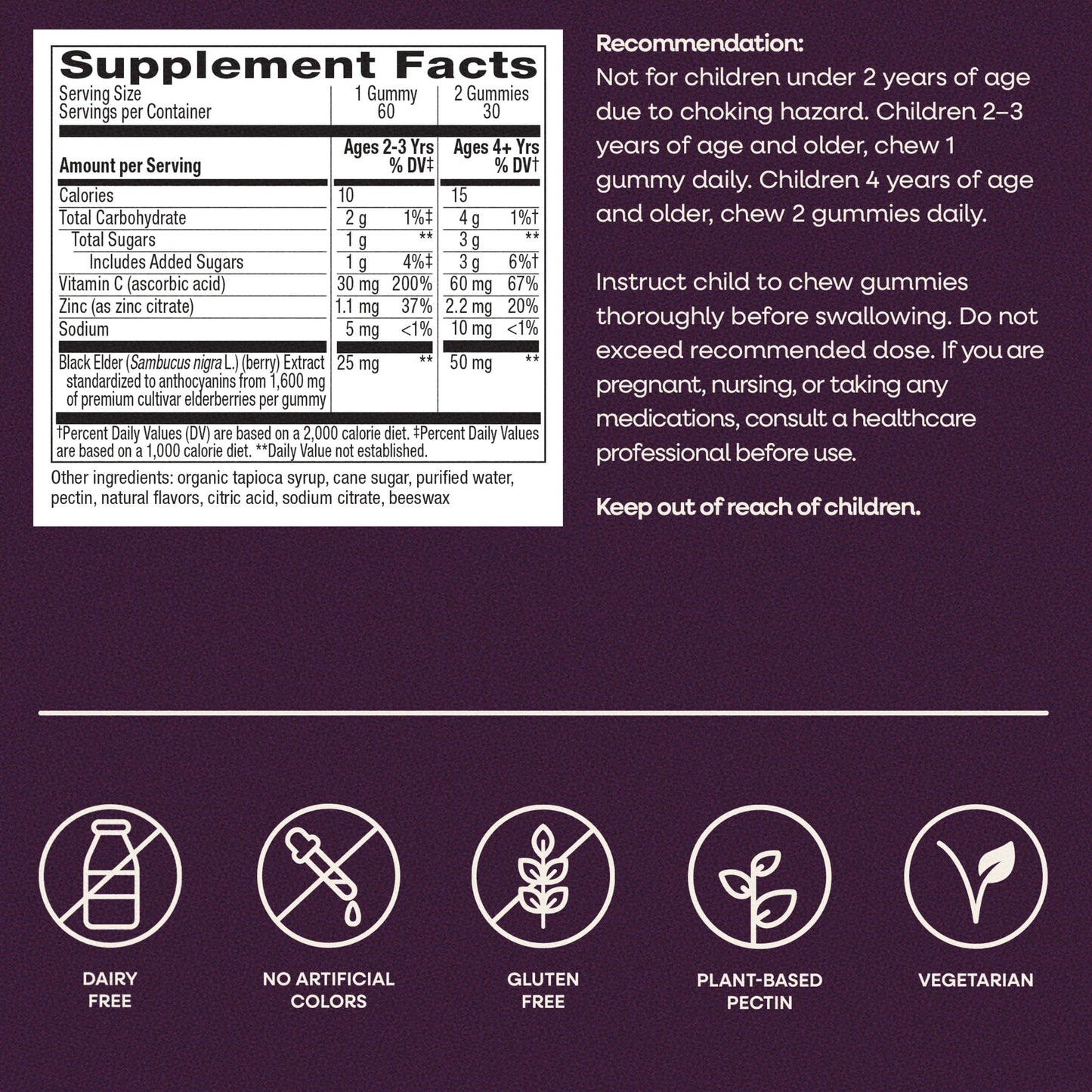 Nature's Way Sambucus Kids Elderberry Immune Gummies with Black Elderberry Extract, Daily Immune Support with Vitamin C & Zinc for Children 2+, 60 Gummies