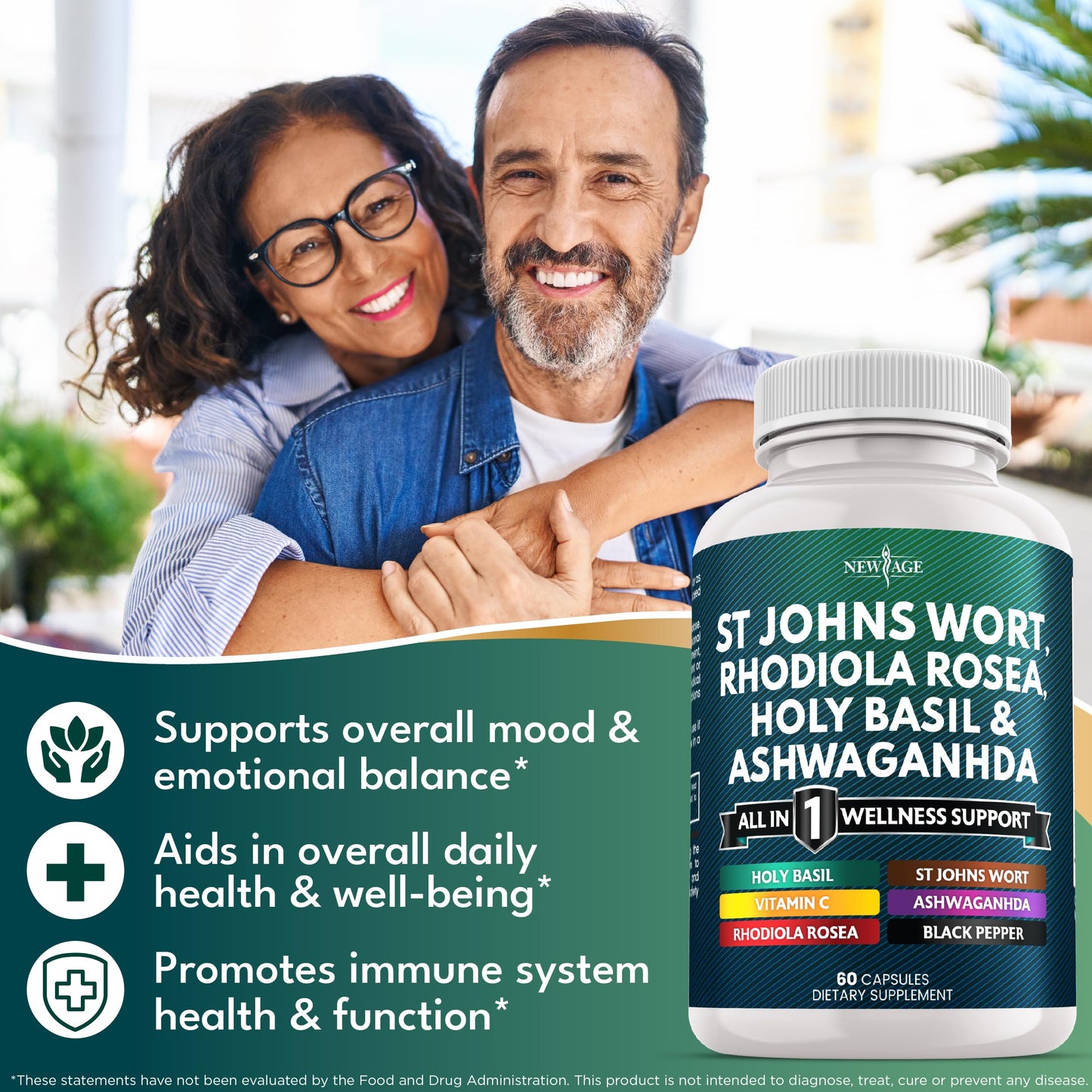 NEW AGE St Johns Wort, Rhodiola Rosea, Holy Basil, Ashwagandha - Support for Women and Men with Vitamin C & Black Pepper Extract - 180 Capsules